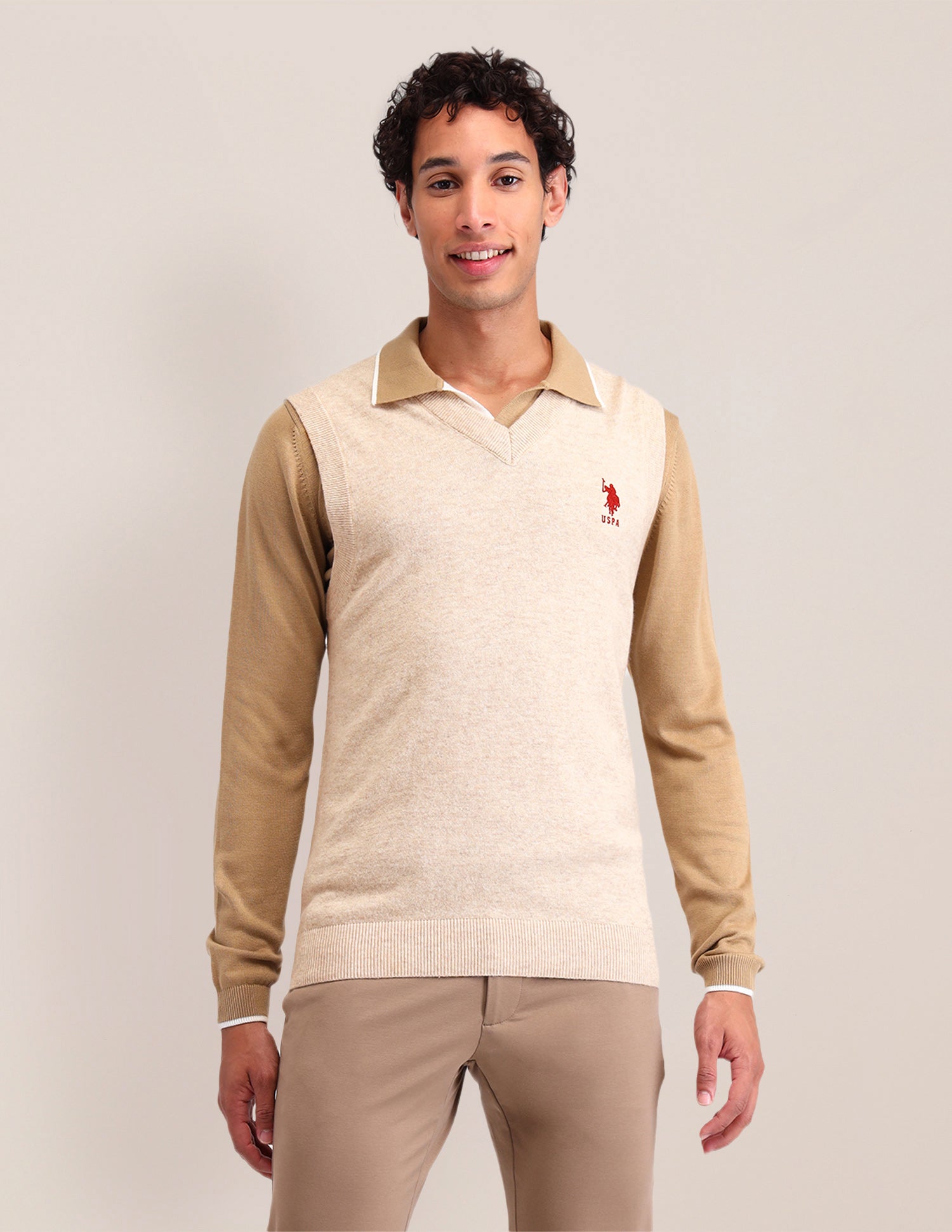 Textured Regular Fit Sweater Beige - U.S. Polo Assn. India | Large