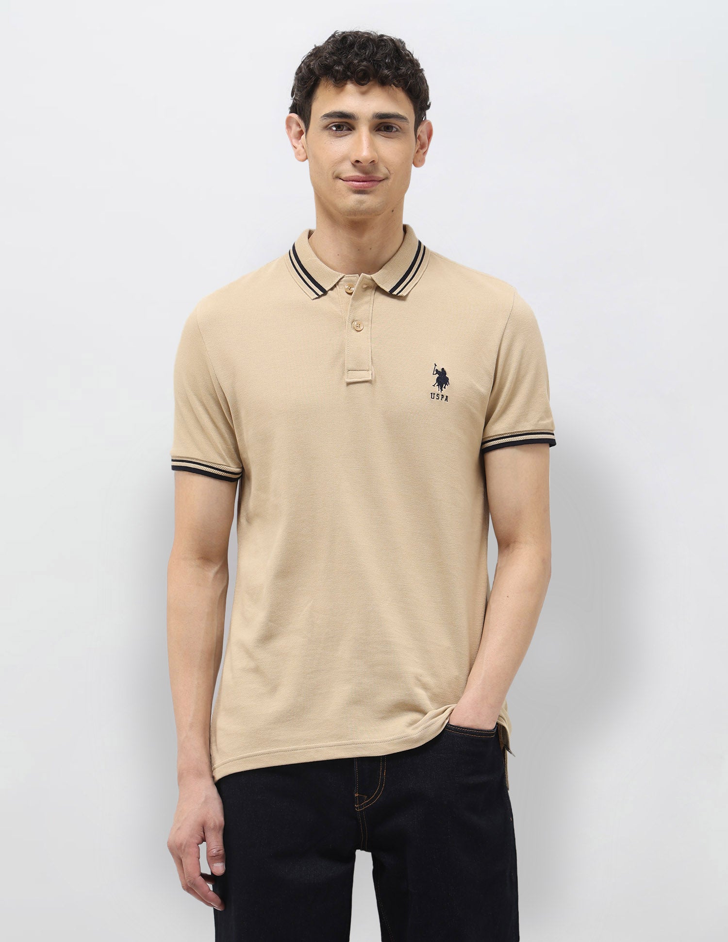 Pure Cotton Muscle Fit Polo Shirt Beige - U.S. Polo Assn. India | Large