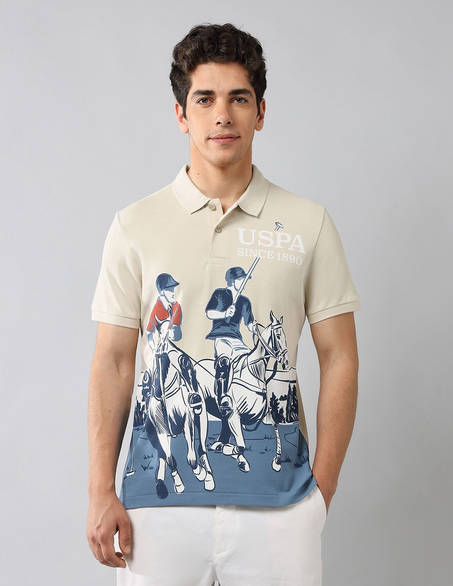 Brand Printed Muscle Fit Polo Shirt Beige - U.S. Polo Assn. India | Large
