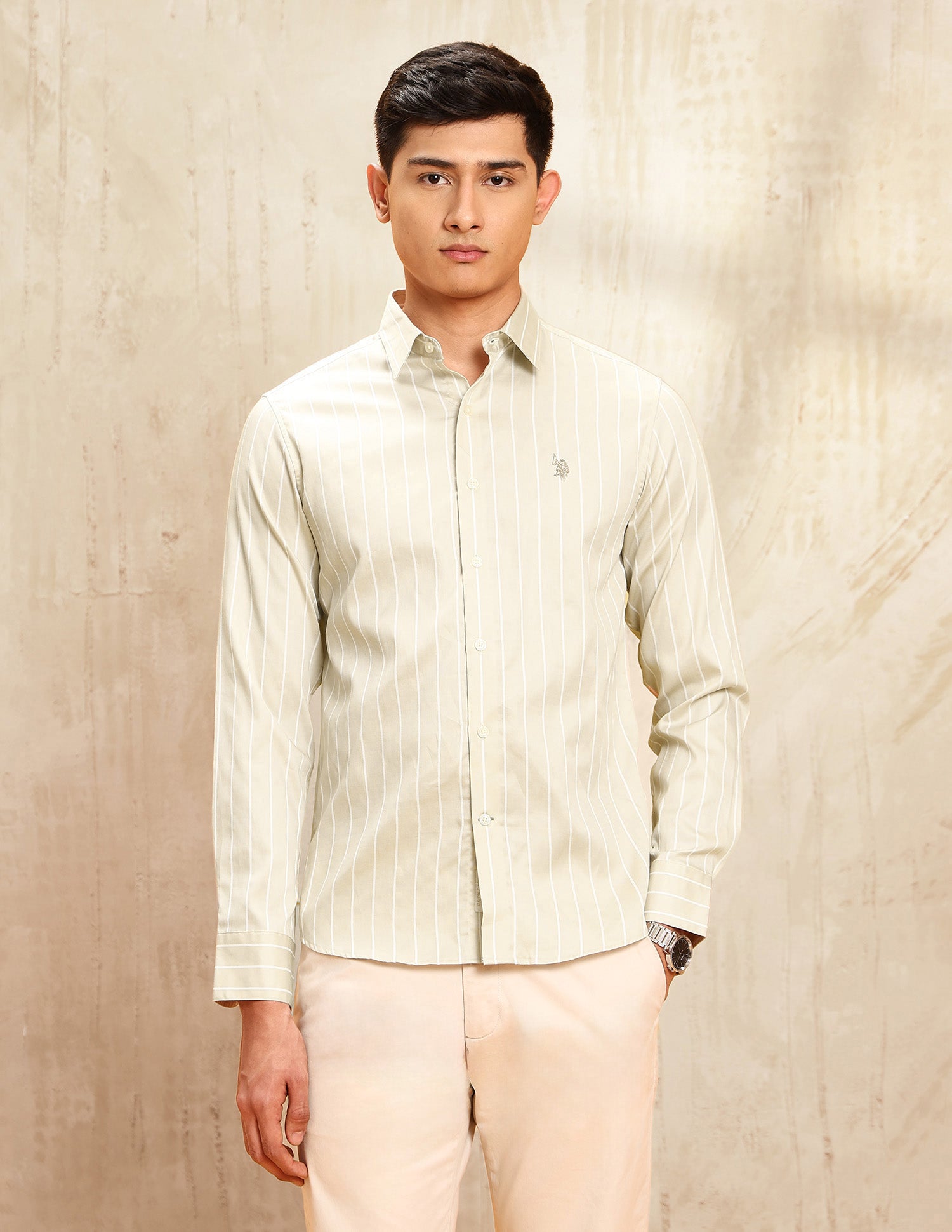 Vertical Striped Tailored Fit Shirt Beige - U.S. POLO ASSN. | Large