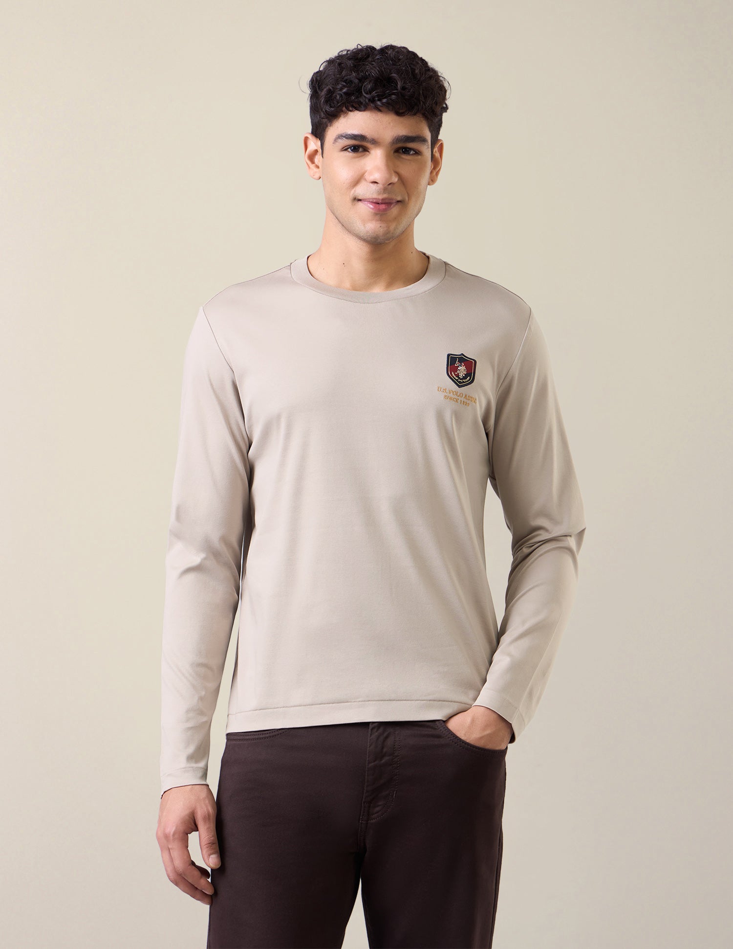 Solid Slim Fit T-Shirt Beige - U.S. Polo Assn. India | Large