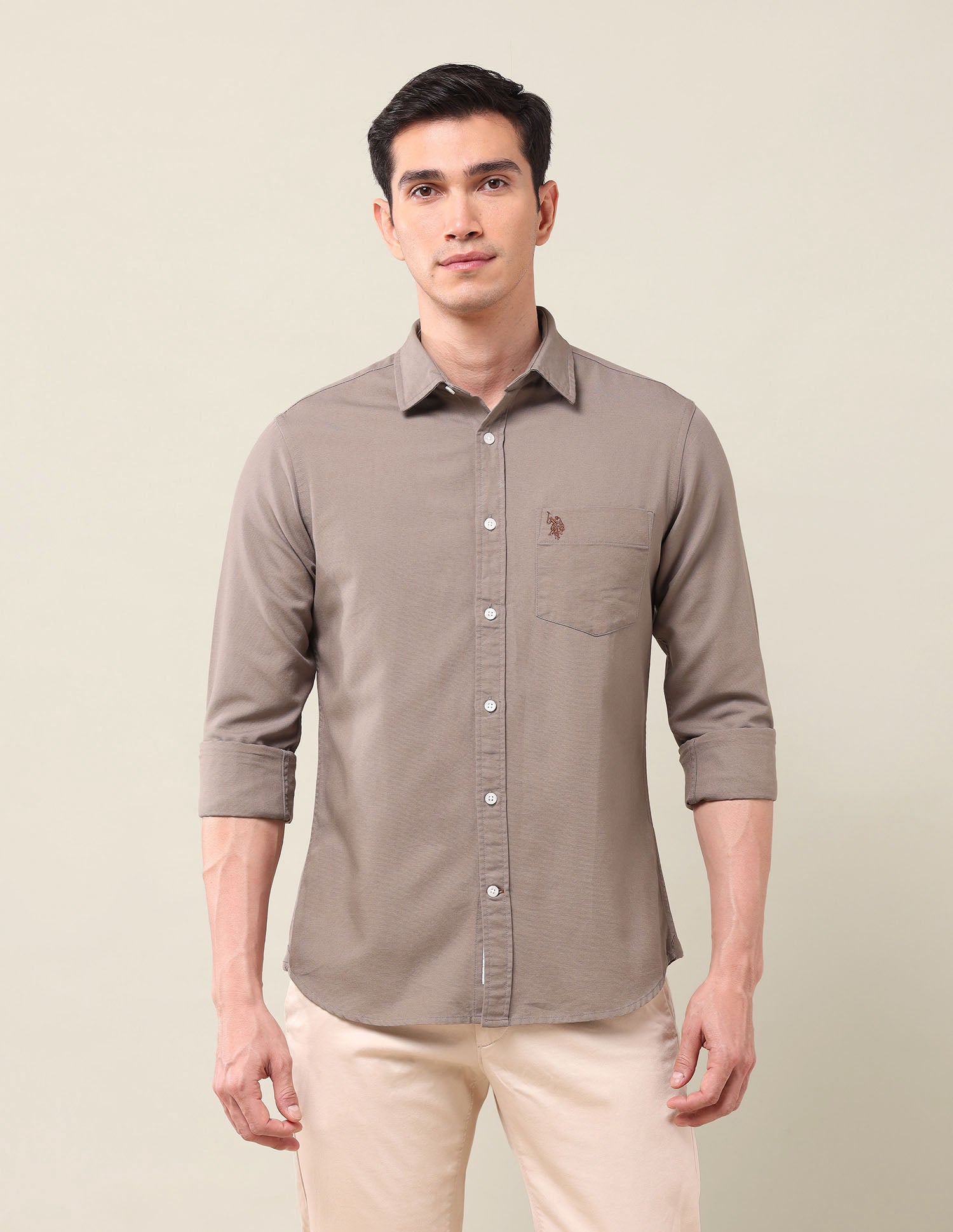 Tailored Fit Solid Shirt Light Brown - U.S. Polo Assn. India | Large