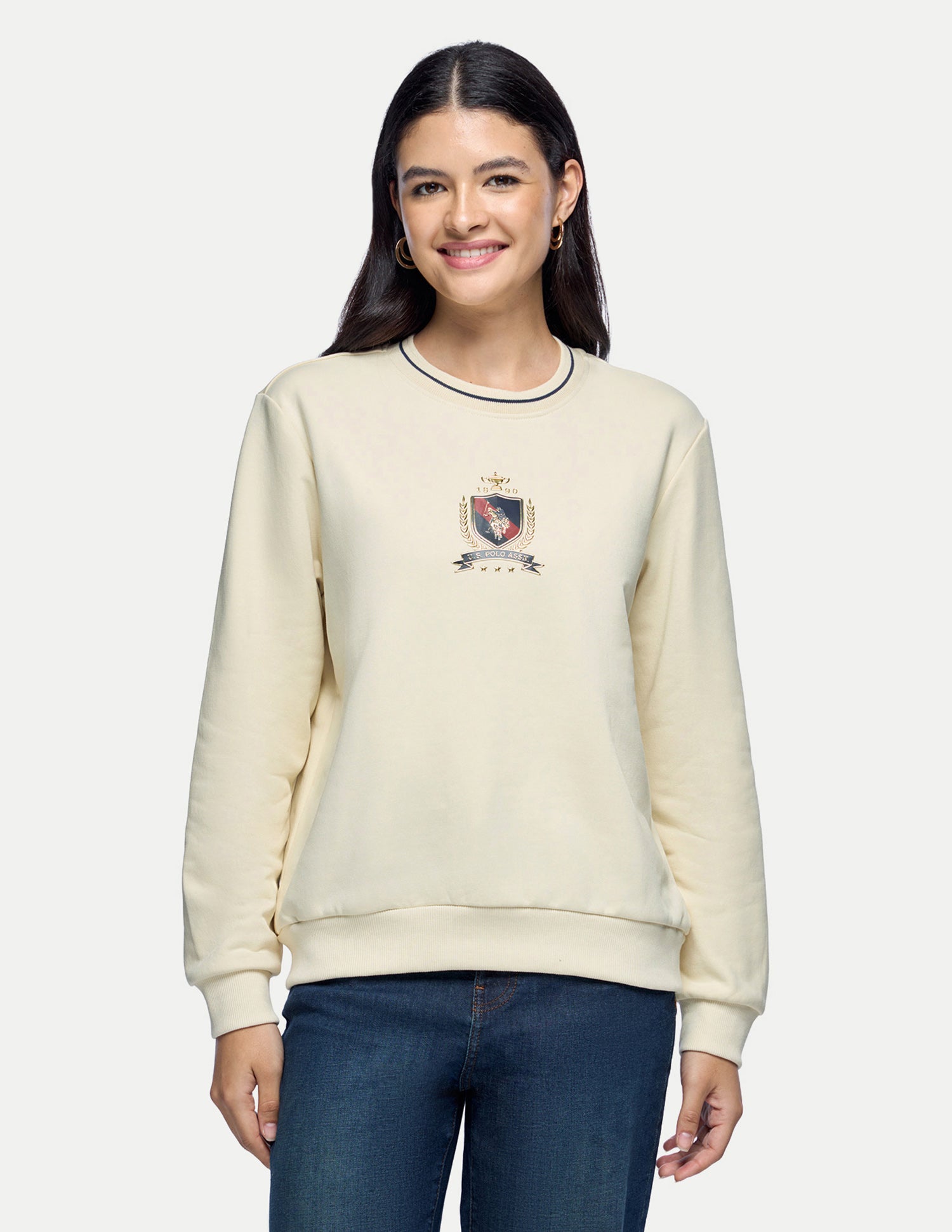 Brand Embossed Relaxed Fit Sweatshirt Ecru - U.S. Polo Assn. India | Large