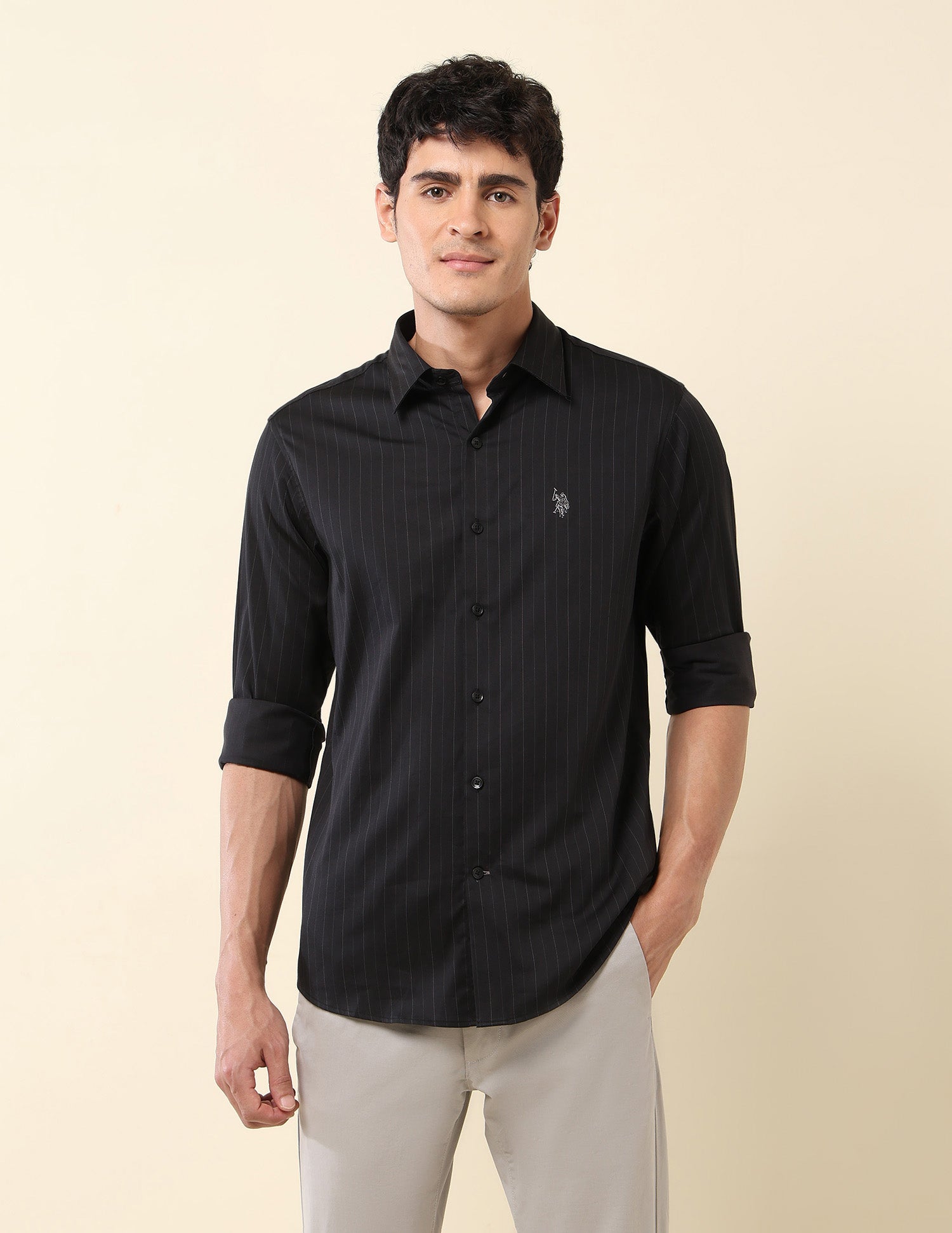 Pinstriped Tailored Fit Shirt Black - U.S. Polo Assn. India | Large