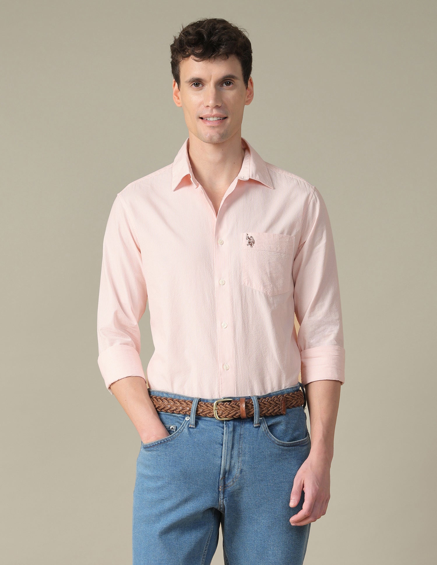 Vertical Striped Seersucker Shirt Pink - U.S. Polo Assn. India | Large