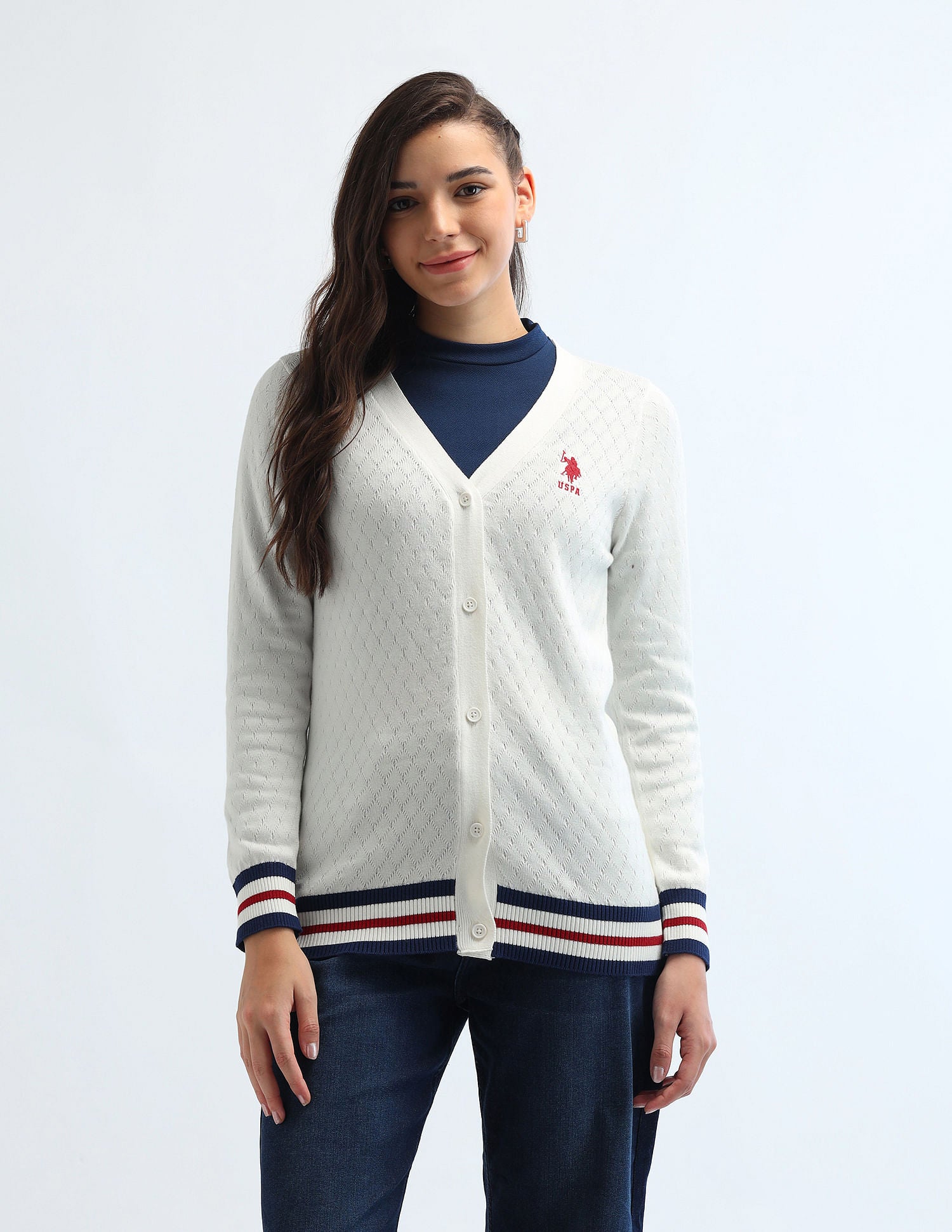 Cable Knit Tipped Cardigan Off White - U.S. Polo Assn. India | Large