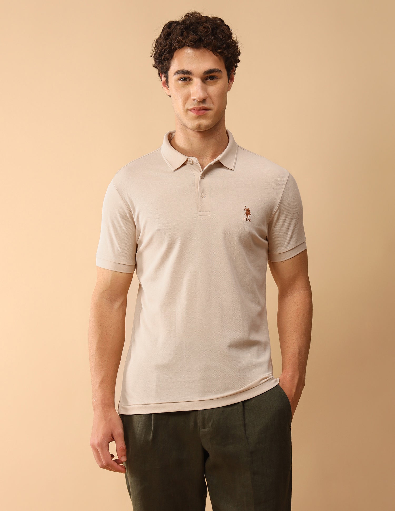 Pacho X Slim Fit Solid Polo Shirt Beige - U.S. Polo Assn. India | Large