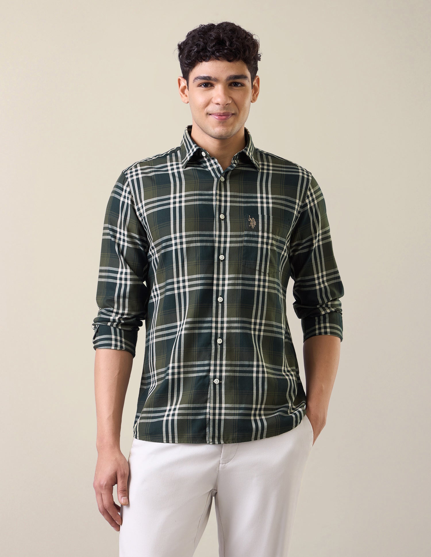 Plaid Checked Twill Shirt Dark Olive - U.S. Polo Assn. India | Large