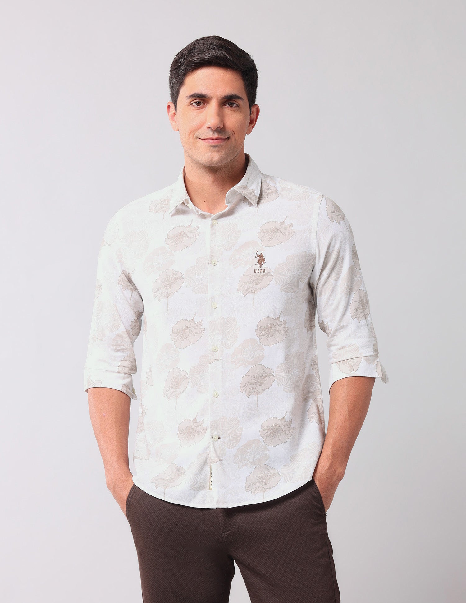 Floral Printed Regular Fit Shirt Beige - U.S. Polo Assn. India | Large