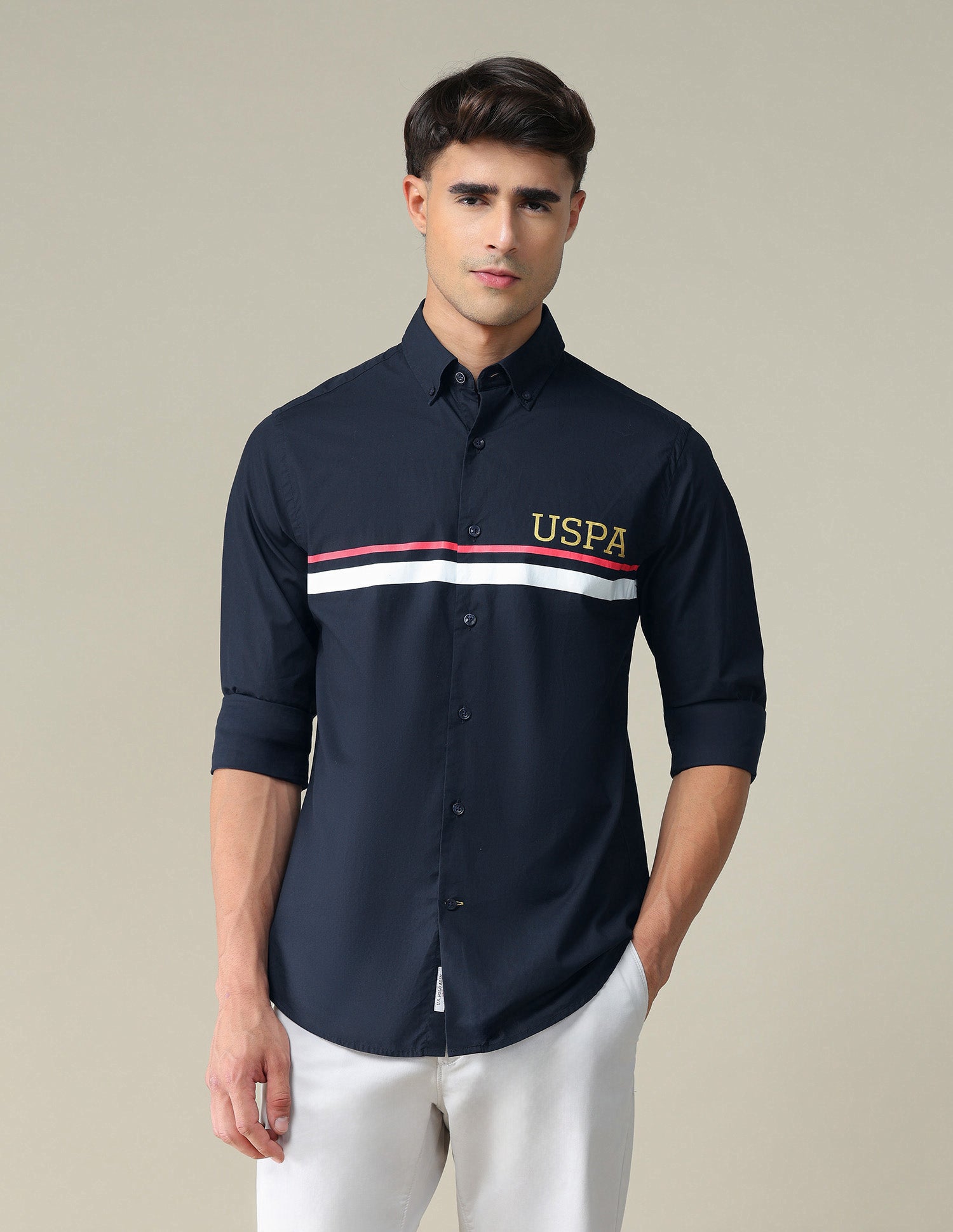 Engineer Stripe Cotton Shirt Navy - U.S. POLO ASSN. | Large