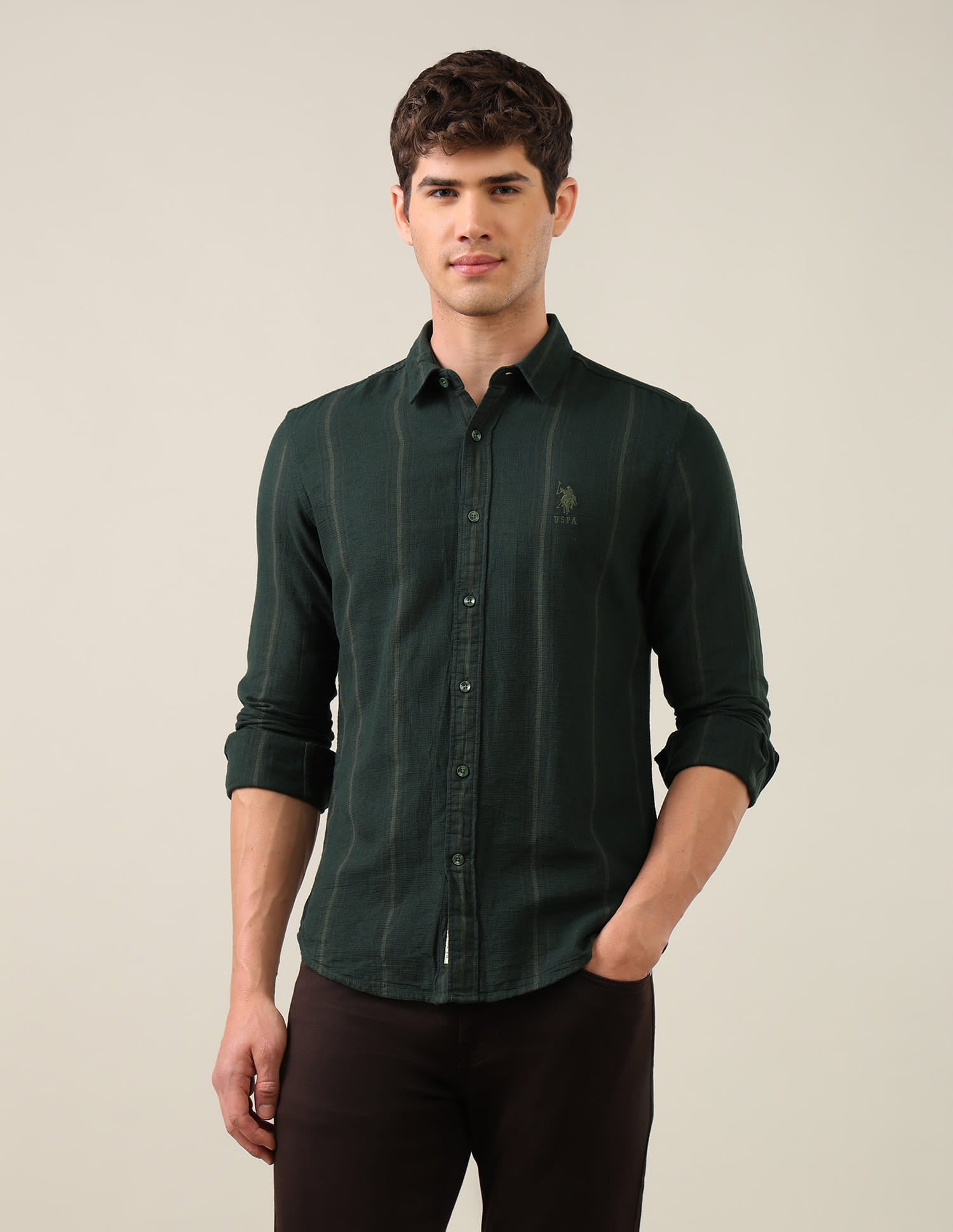 Vertical Striped Regular Fit Shirt Green - U.S. Polo Assn. India | Large
