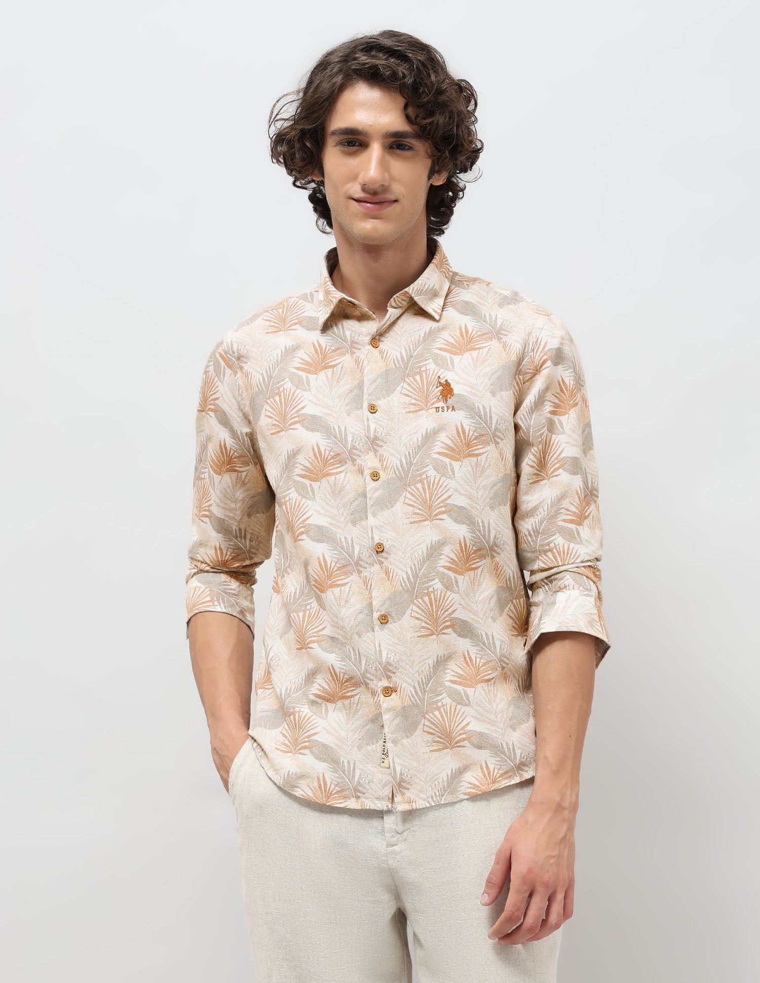 Tropical Printed Regular Fit Shirt Beige - U.S. POLO ASSN. | Large