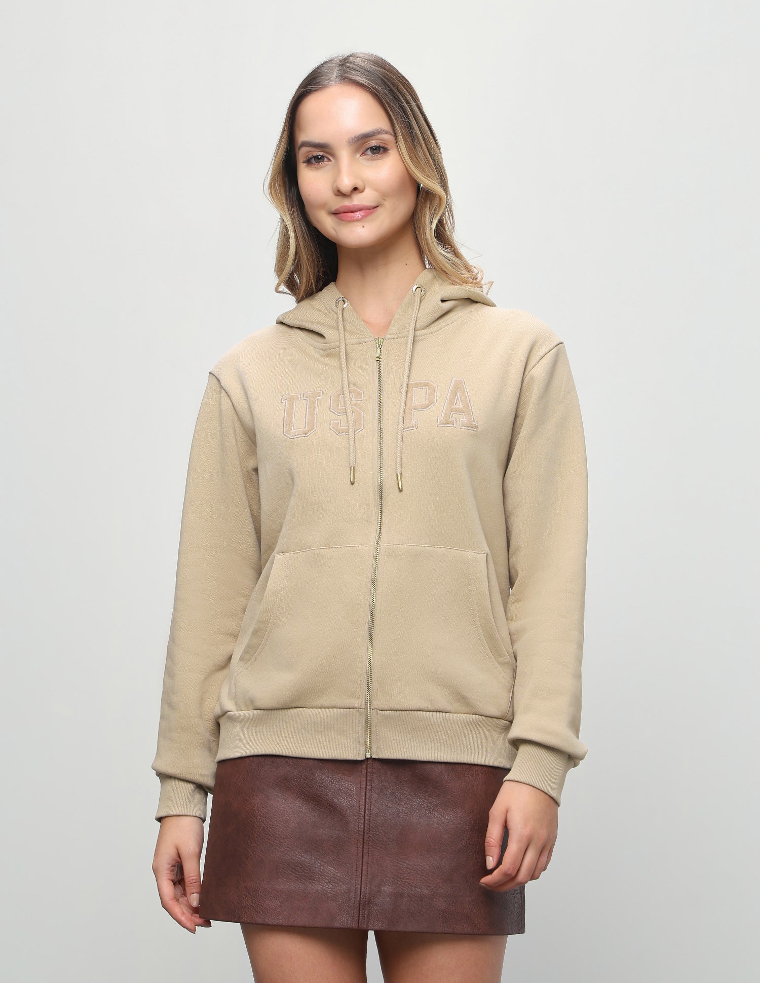 Brand Applique Relaxed Fit Zipper Sweatshirt Beige - U.S. Polo Assn. India | Large