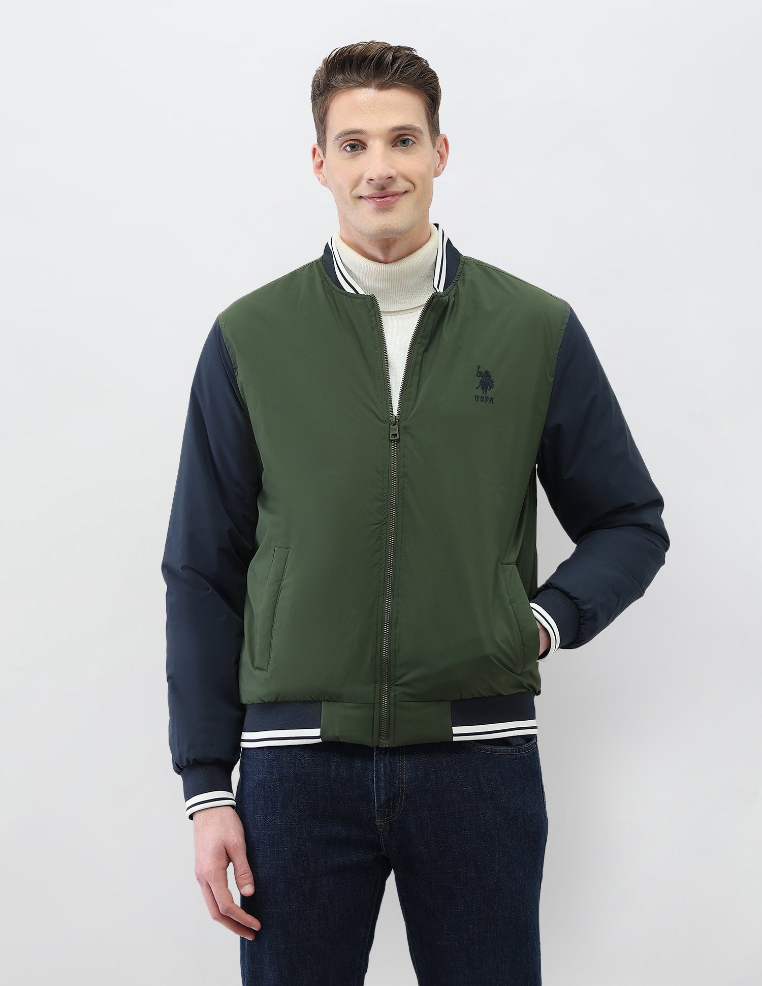 Colour Blocked Regular Fit Varsity Jacket Olive - U.S. Polo Assn. India | Large