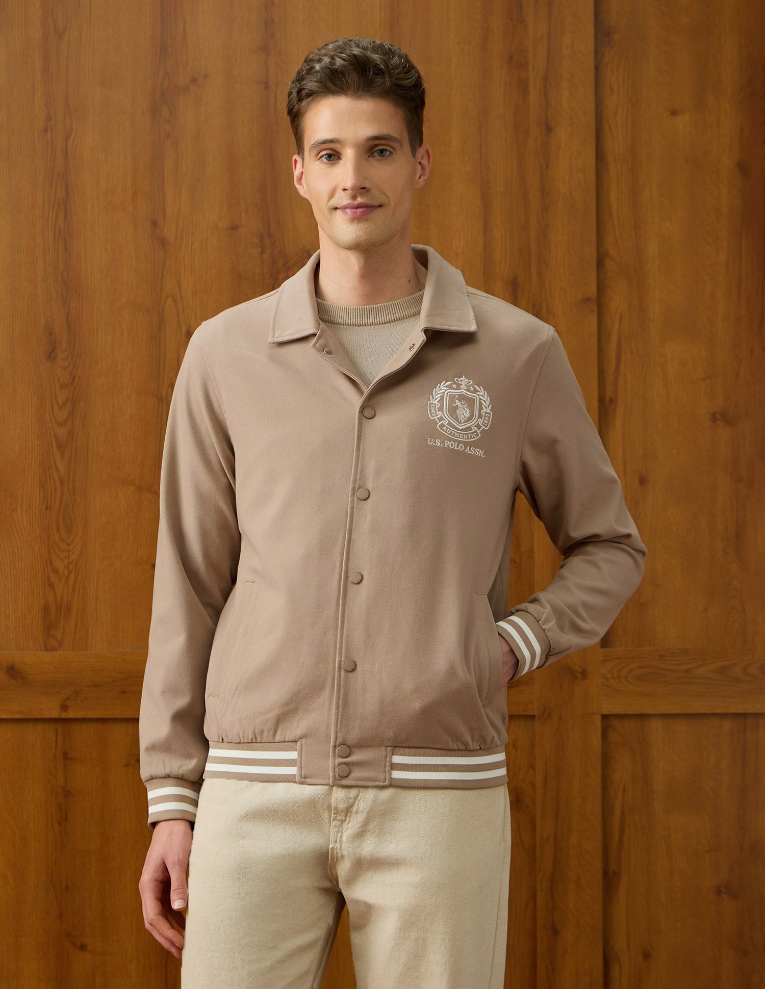 Equestrian Aisle Theater Regular Fit Varsity Jacket Khaki - U.S. POLO ASSN. | Large