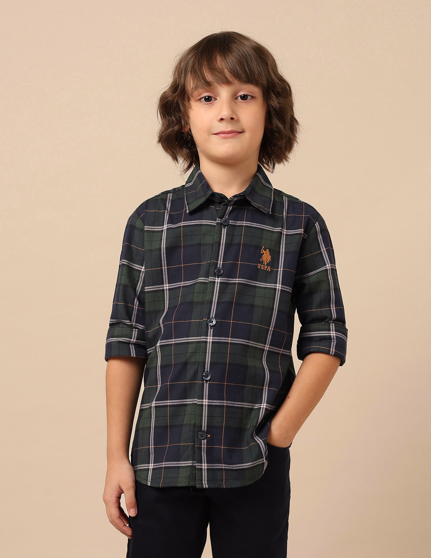 Boys Plaid Checked Twill Shirt Green - U.S. POLO ASSN. | Large