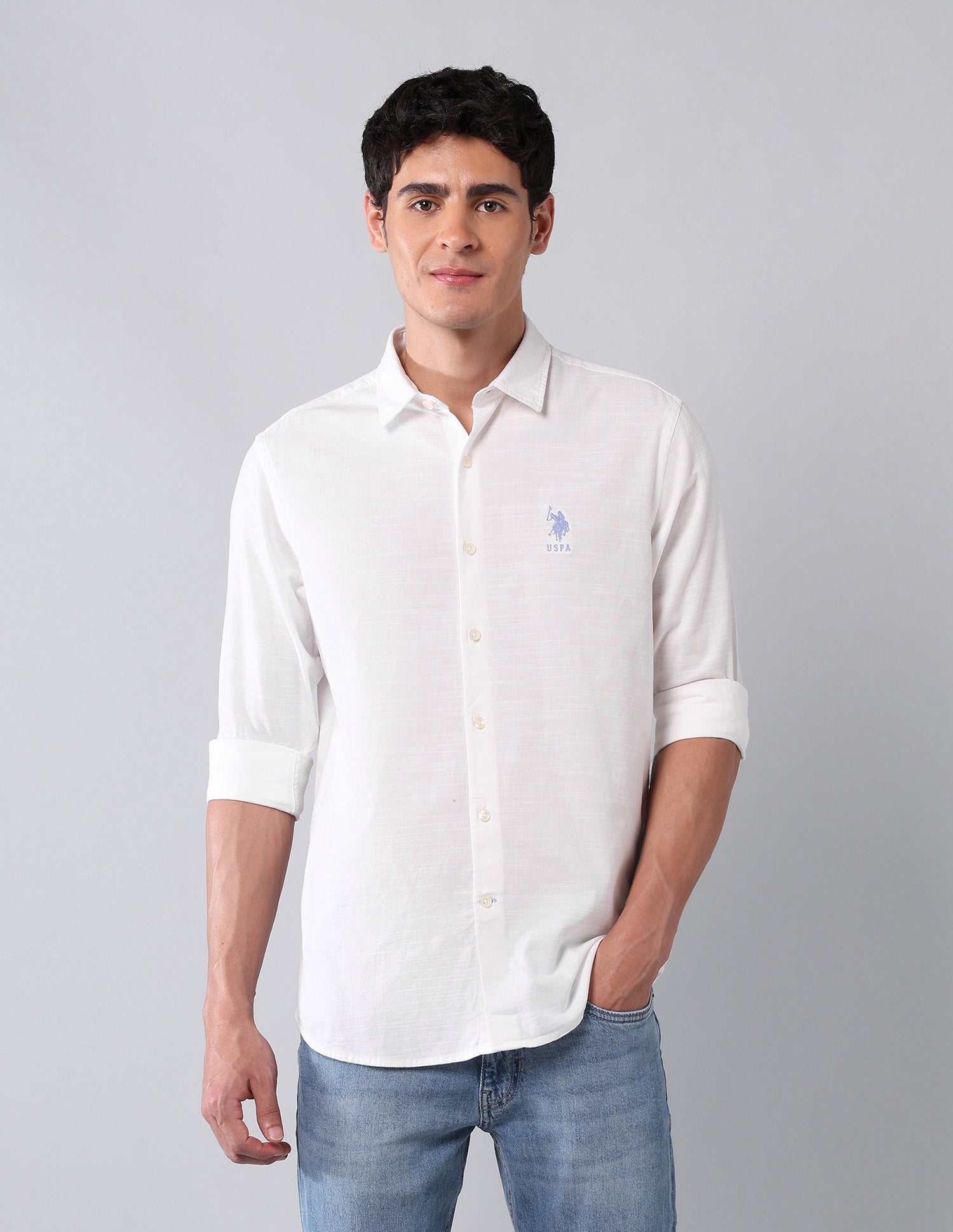 Pure Cotton Regular Fit Dobby Shirt White - U.S. Polo Assn. India | Large