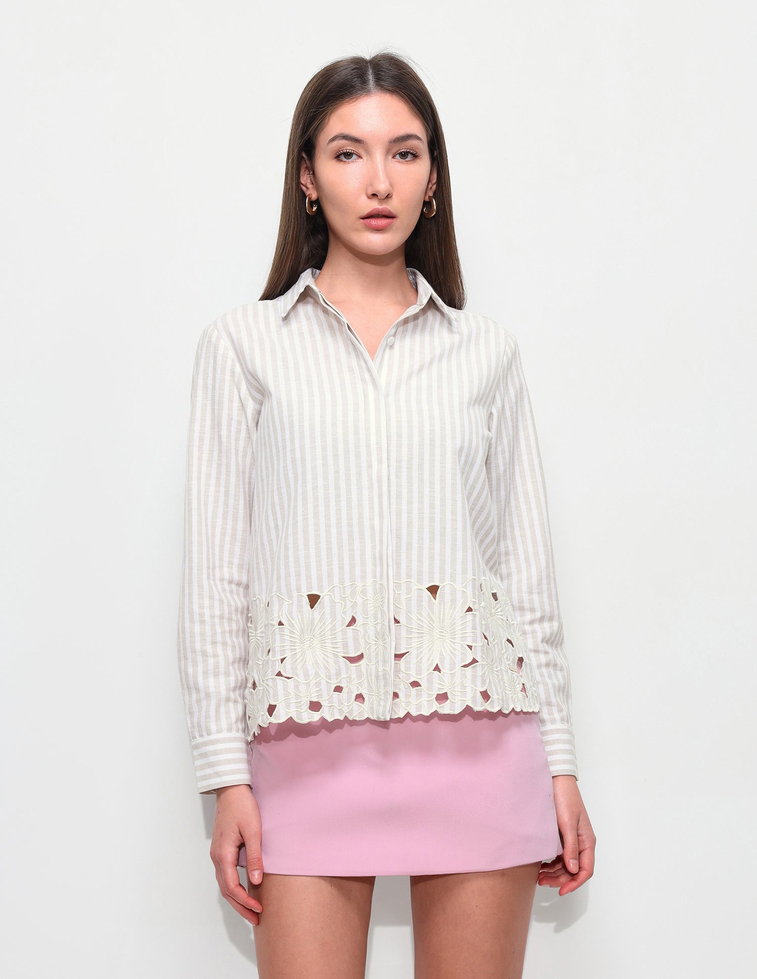 Vertical Stripes Floral Embroidery Relaxed Fit Shir Ecru - U.S. Polo Assn. India | Large