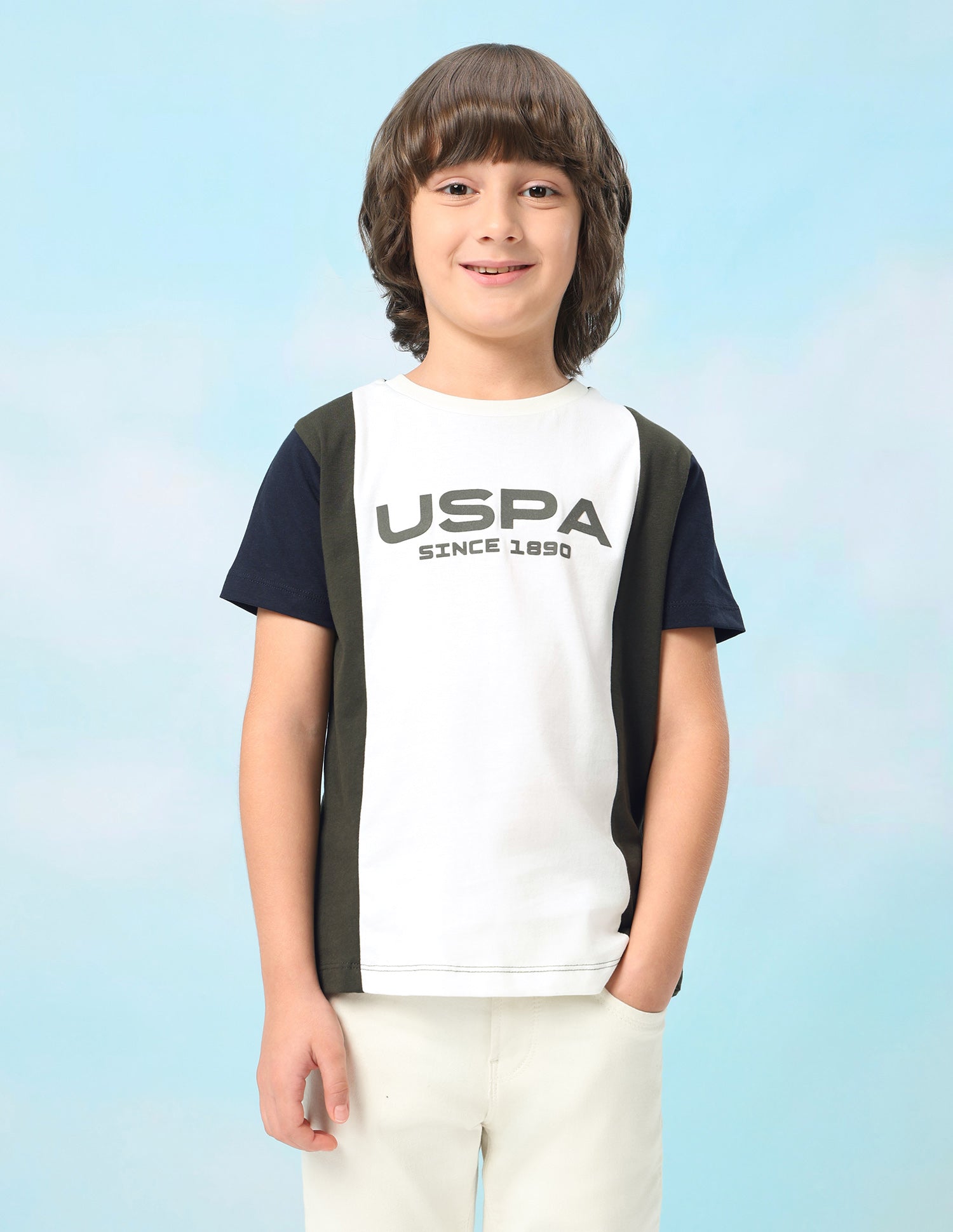 Colour Blocked Brand Printed Regular Fit T-Shirt Off White - U.S. Polo Assn. India | Large