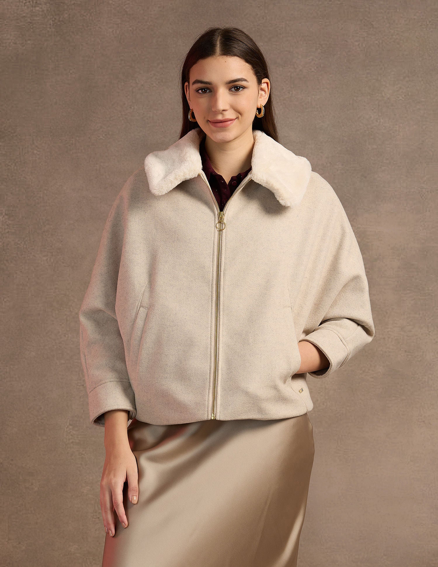 Fur Collar Kimono Jacket Off White - U.S. POLO ASSN. | Large