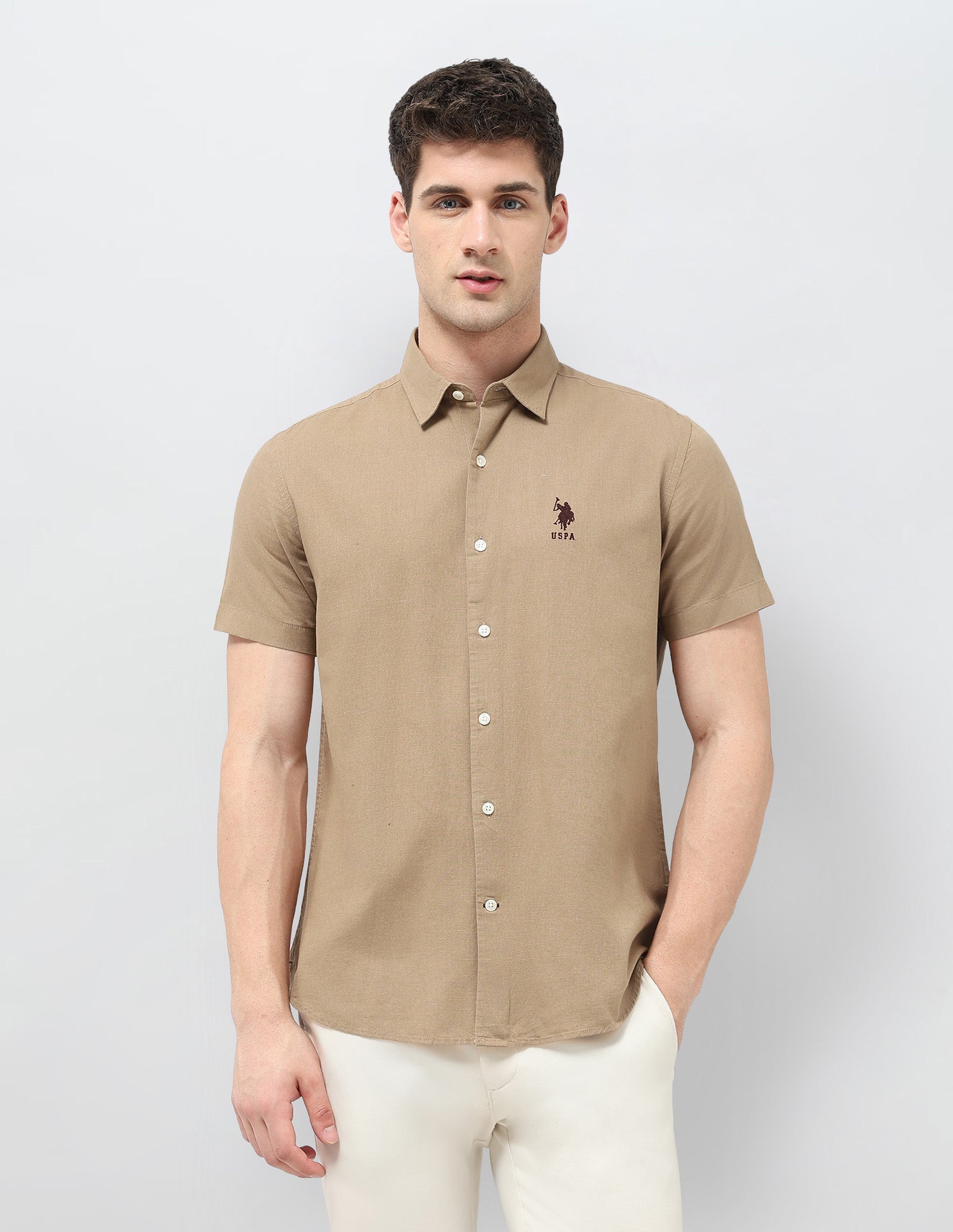 Solid Regular Fit Shirt Khaki - U.S. Polo Assn. India | Large