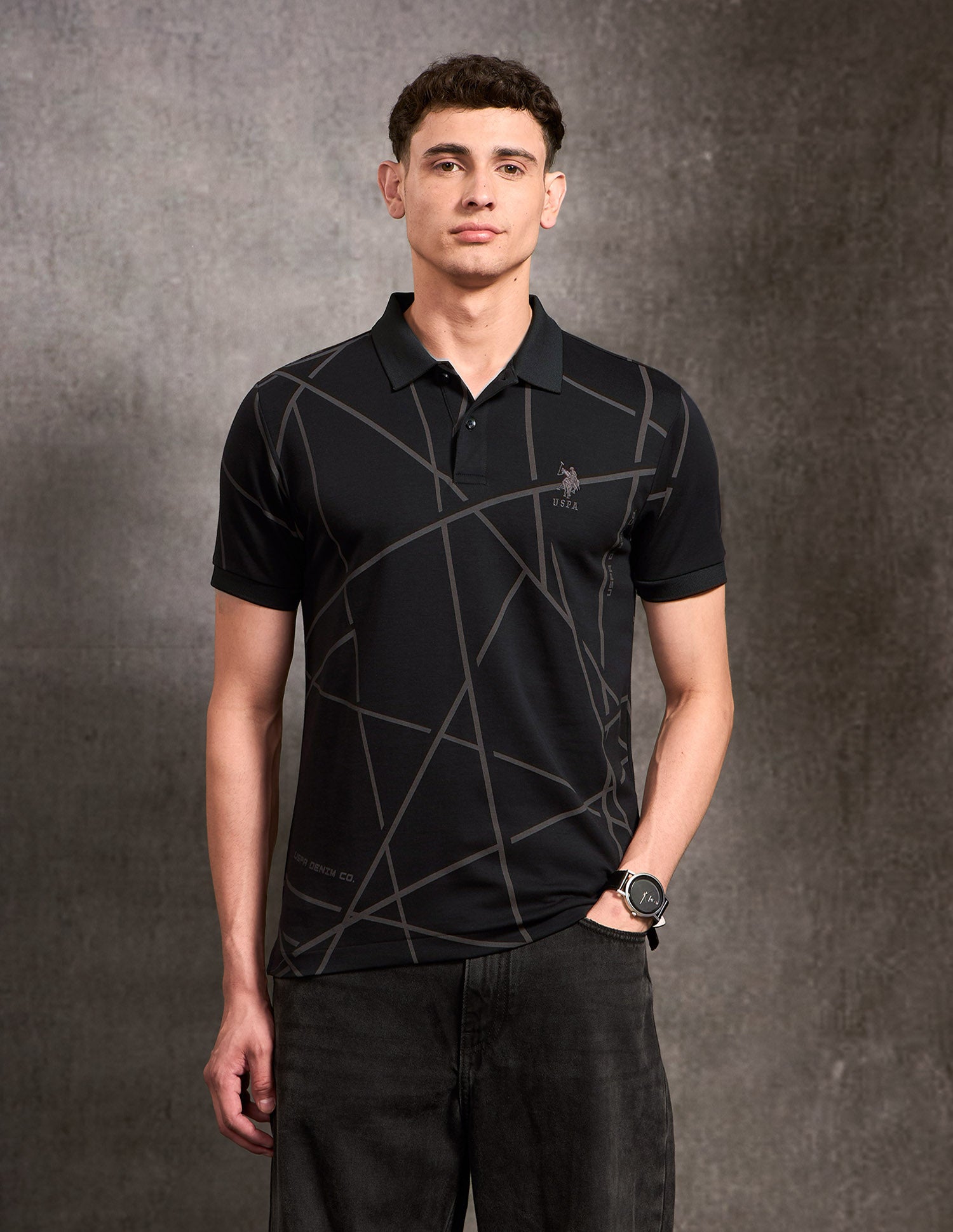 Geometric Printed Black & Gold Polo Shirt Black - U.S. Polo Assn. India | Large