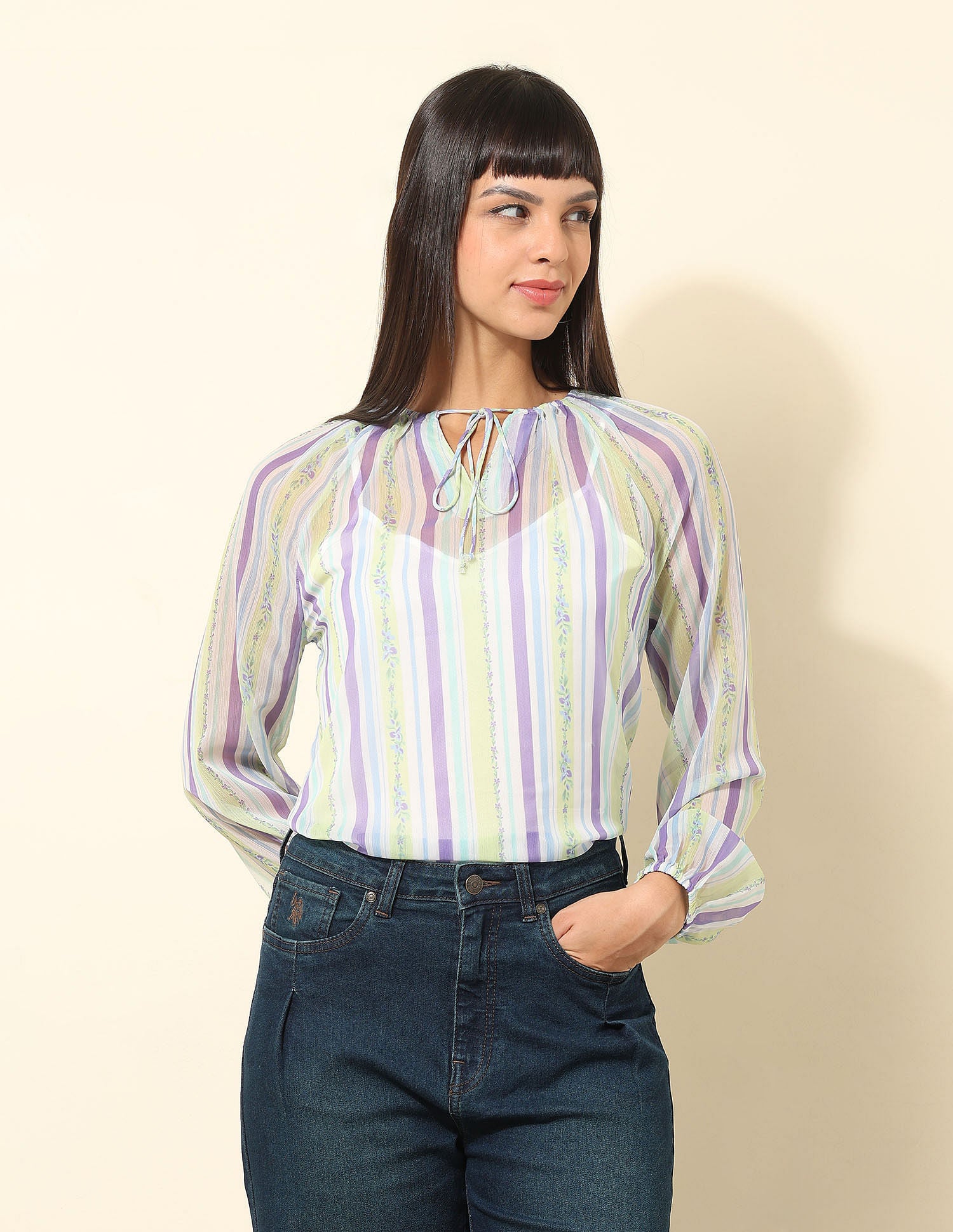 Chiffon Sheer Vertical Striped Top Multi - U.S. POLO ASSN. | Large