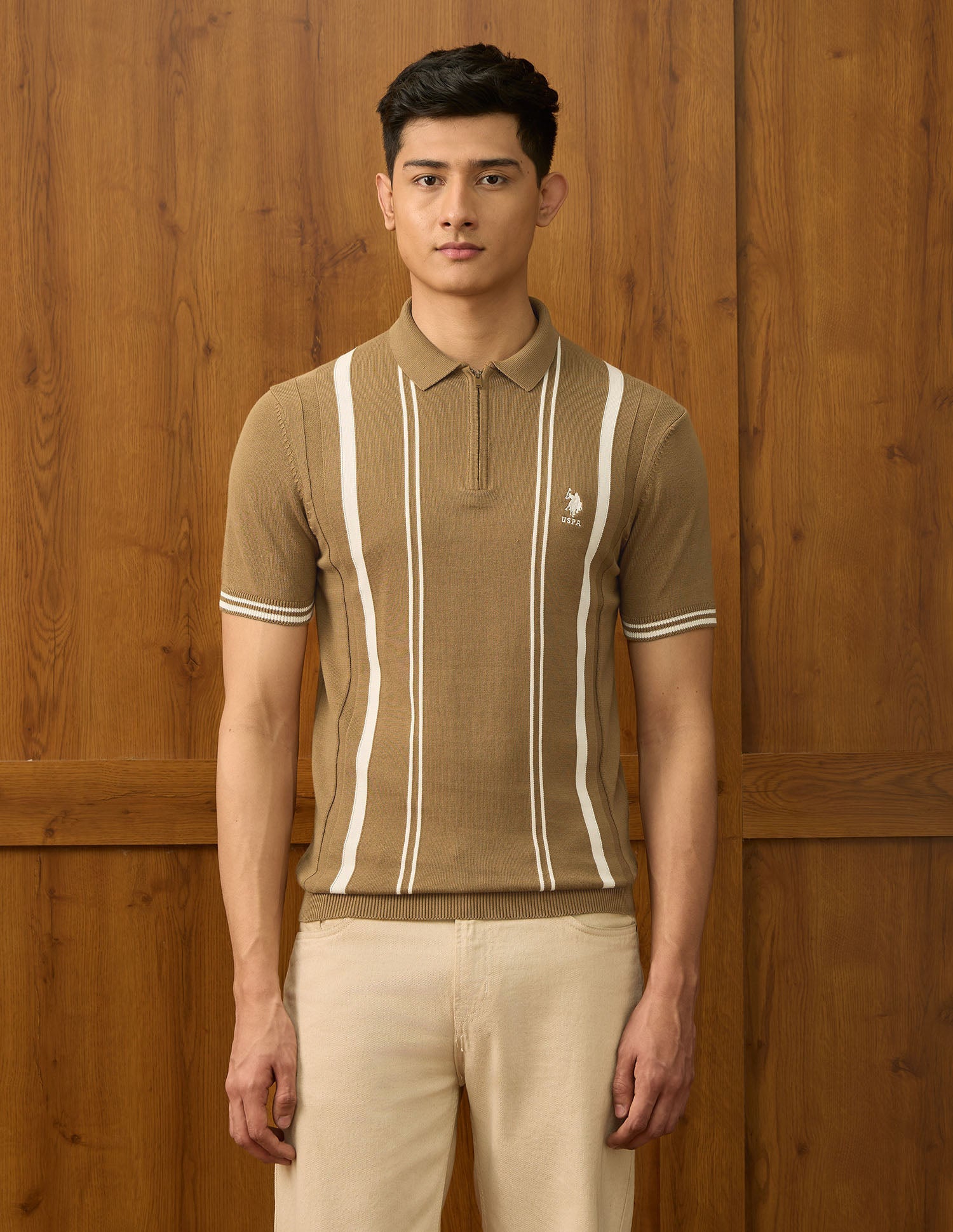 Pure Cotton Varsity Polo Shirt Light Brown - U.S. POLO ASSN. | Large