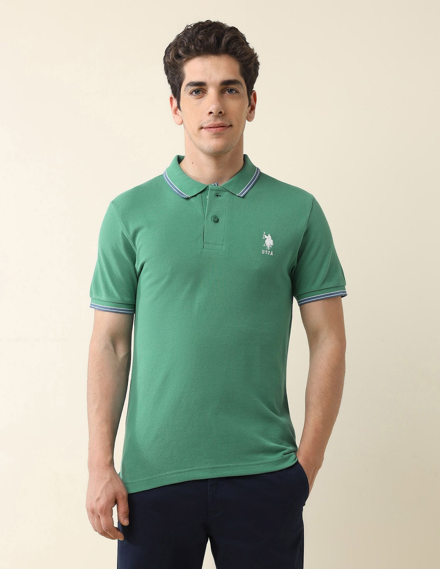 Slim Fit Solid Polo Shirt Green - U.S. Polo Assn. India | Large