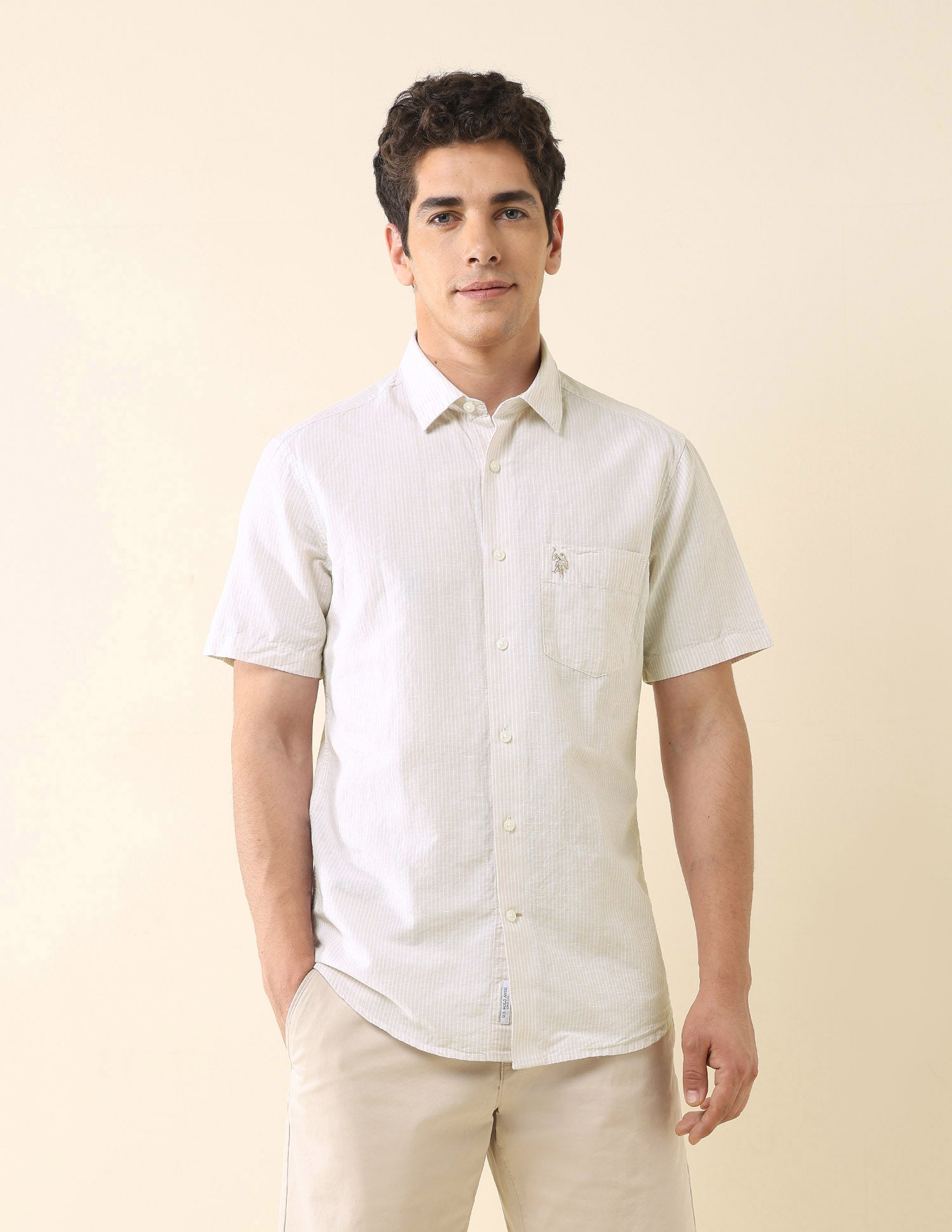Vertical Striped Tailored Fit Shirt Beige - U.S. Polo Assn. India | Large