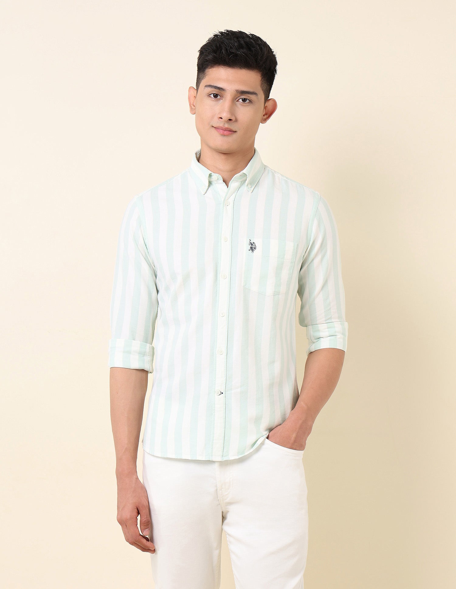 Vertical Striped Oxford Button-Down Shirt Light Green - U.S. Polo Assn. India | Large