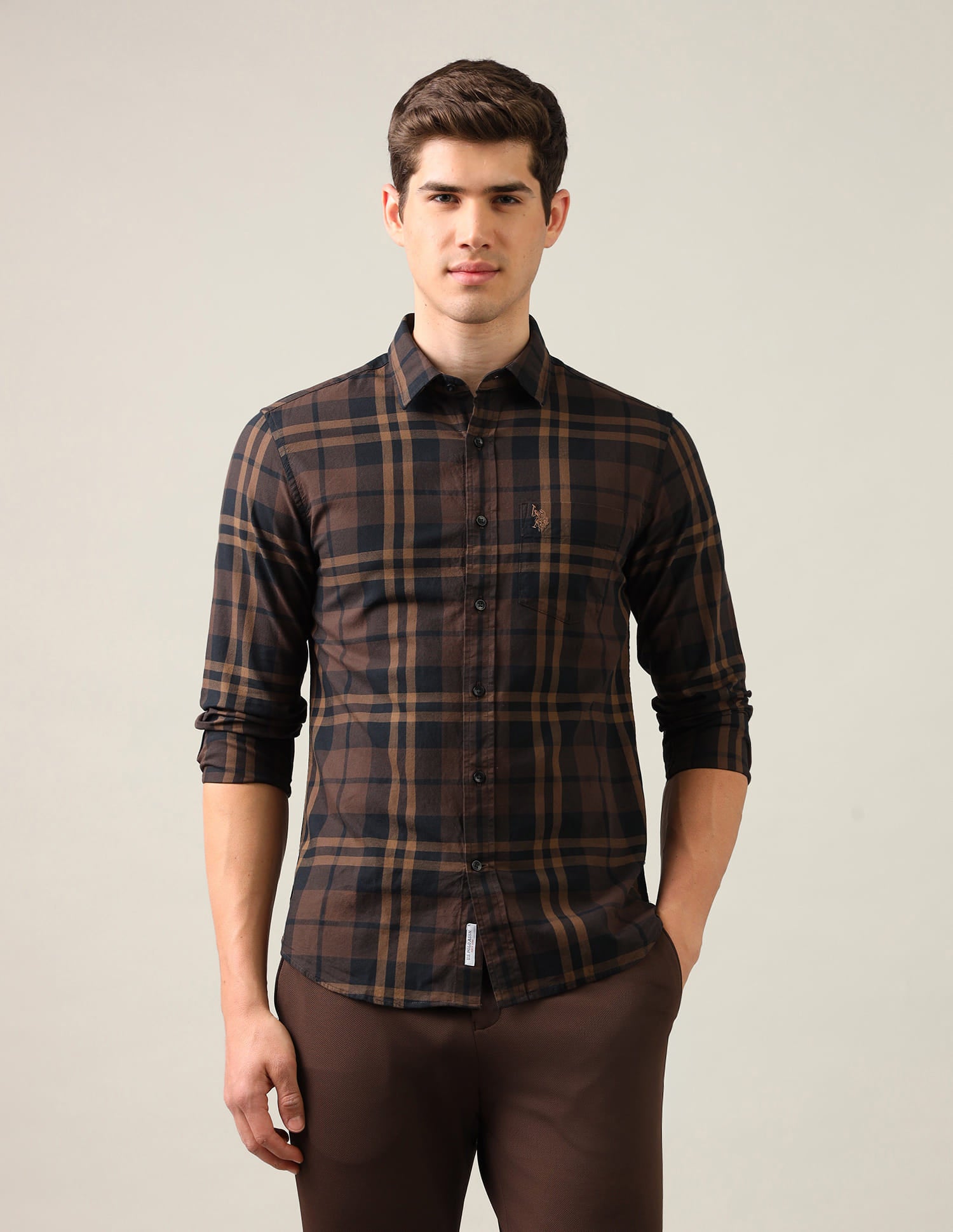 Grid Tattersall Checked Regular Fit Shirt Brown - U.S. Polo Assn. India | Large