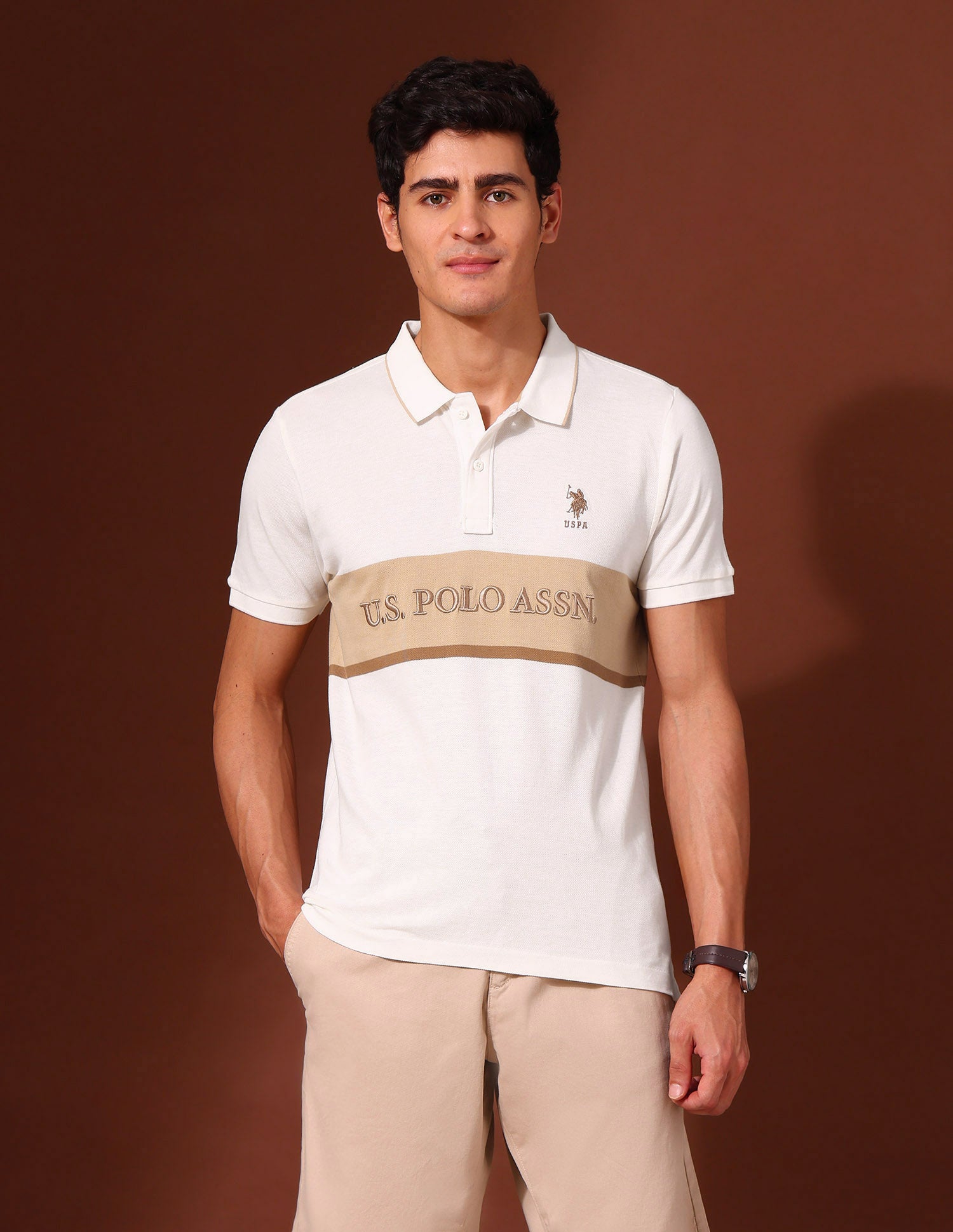 Brand Embroidered Pure Cotton Varsity Polo Shirt Off White - U.S. Polo Assn. India | Large