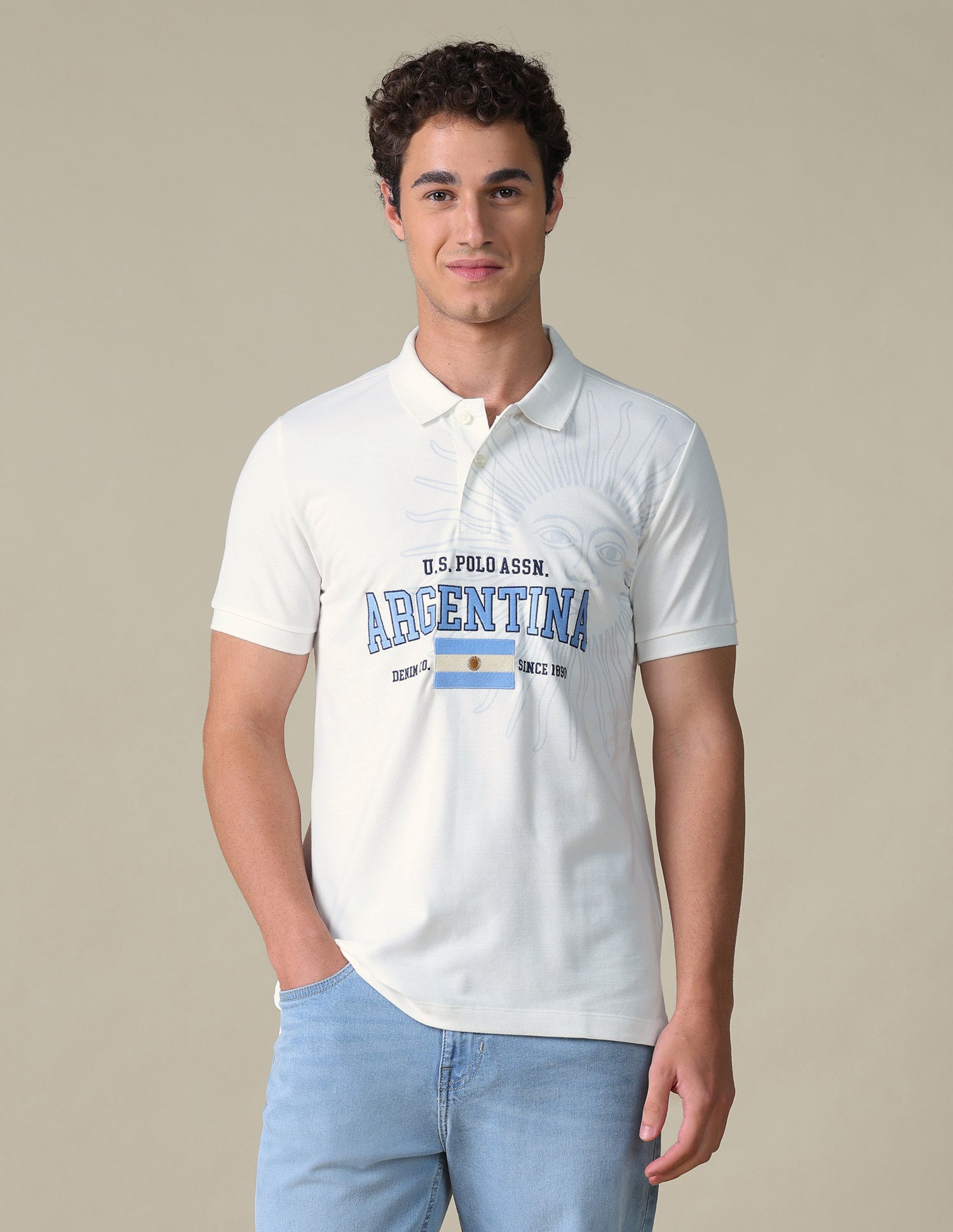 Typographic Slim Fit Polo Shirt Ivory - U.S. Polo Assn. India | Large