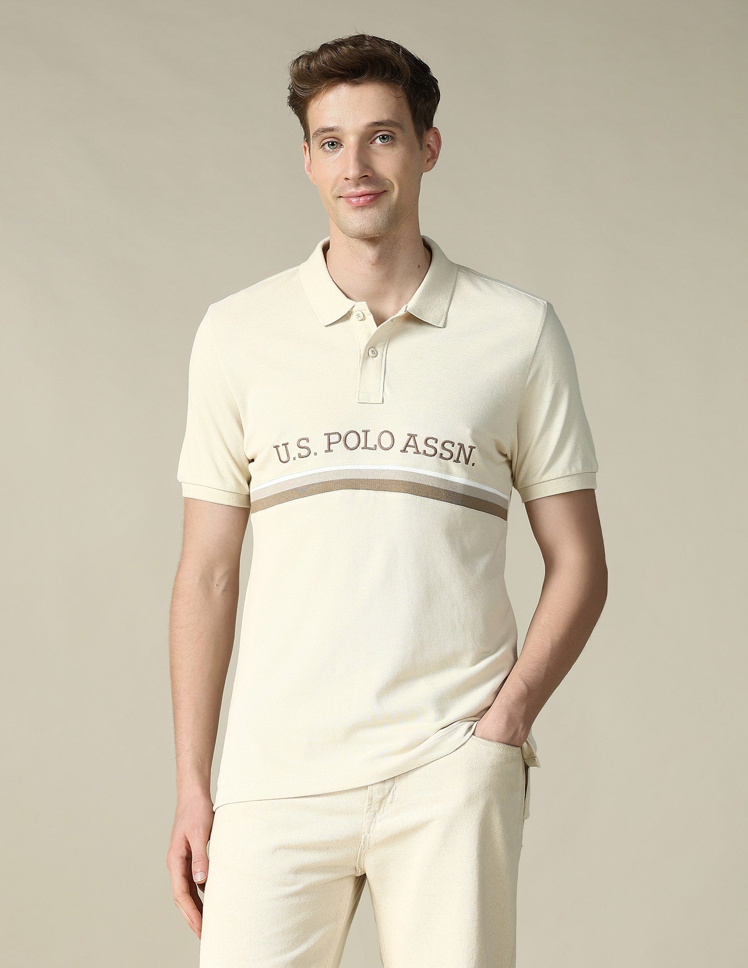 Cut & Sew Brand Embroidered Regular Fit Polo Shirt Cream - U.S. POLO ASSN. | Large
