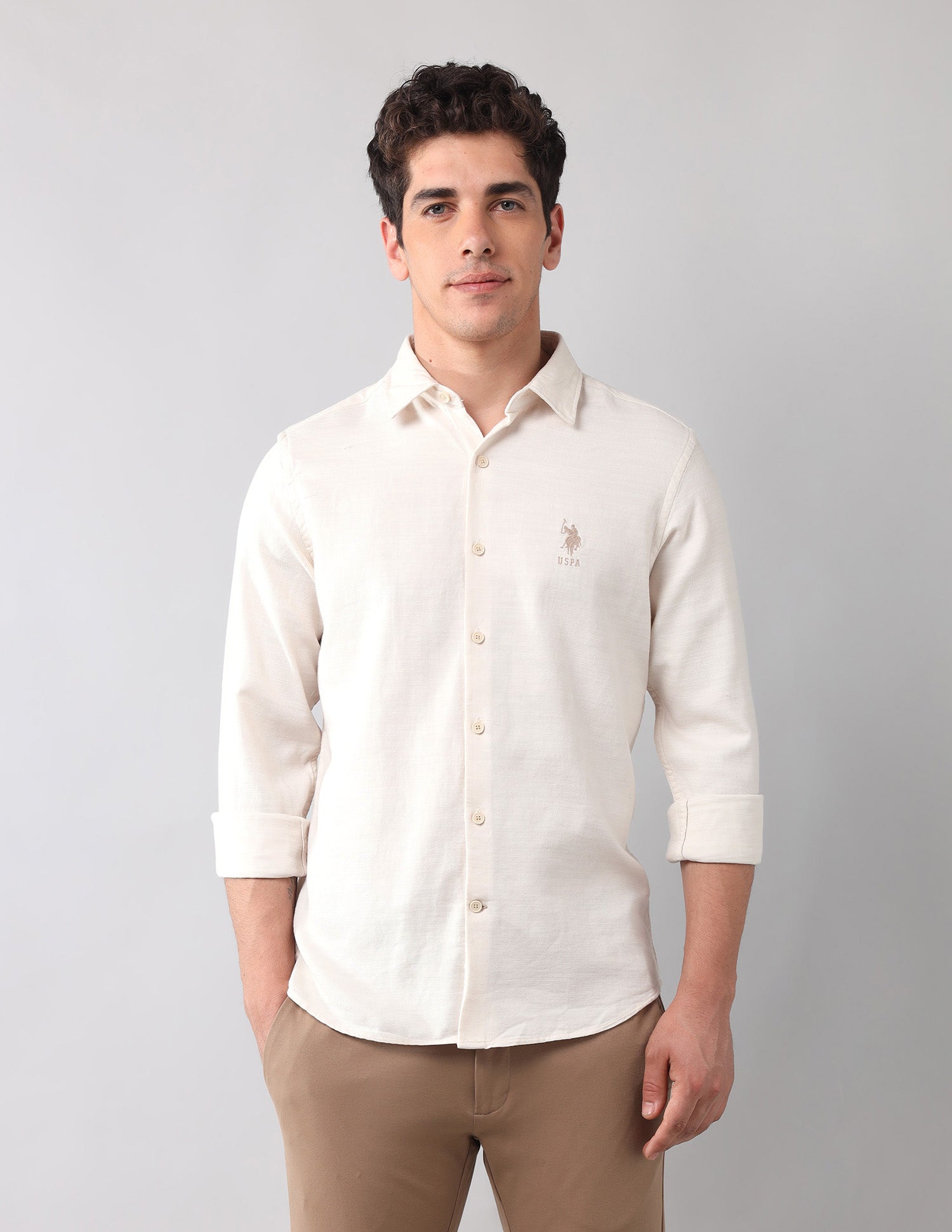 Solid Dobby Shirt Beige - U.S. Polo Assn. India | Large