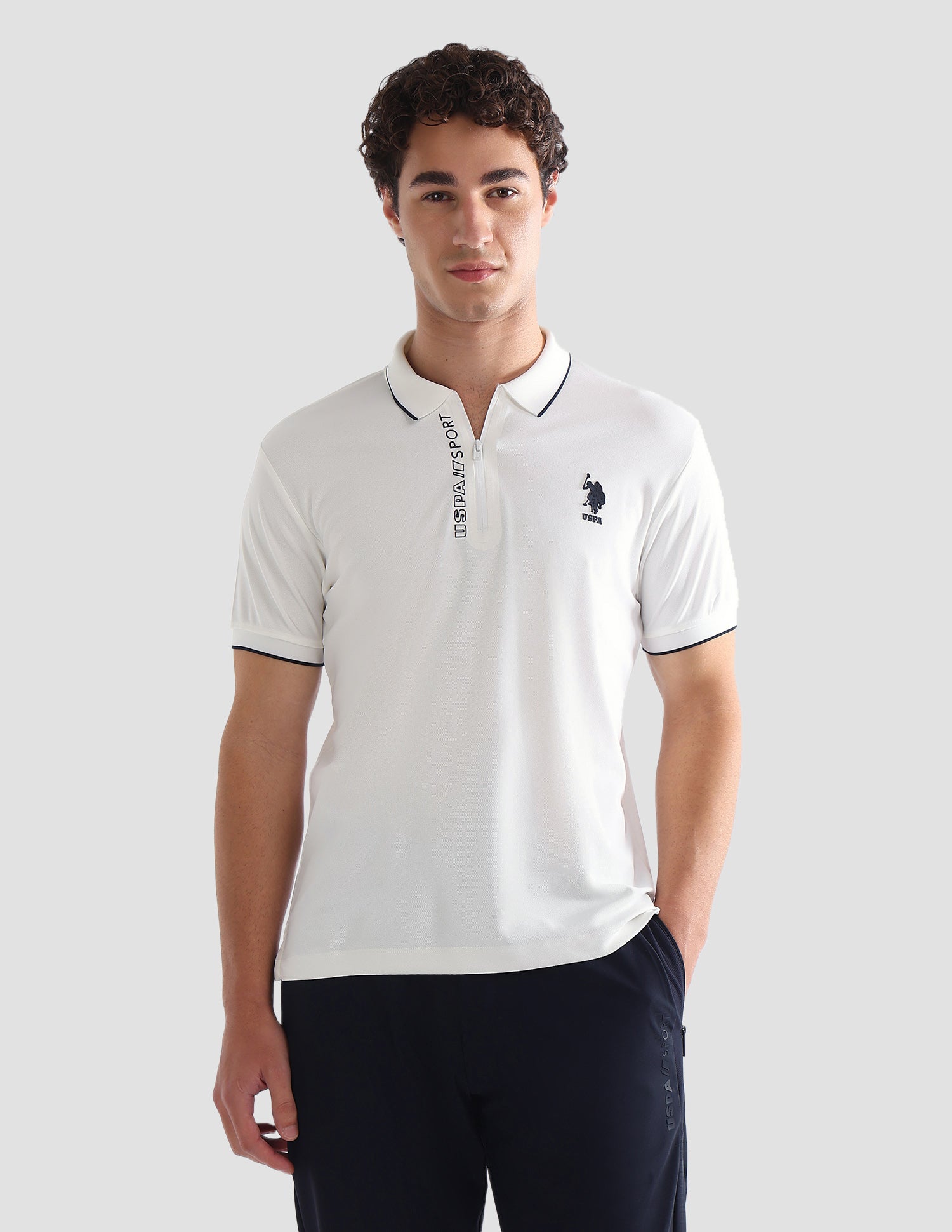 Solid Slim Fit Active Polo Shirt Off White - U.S. Polo Assn. India | Large