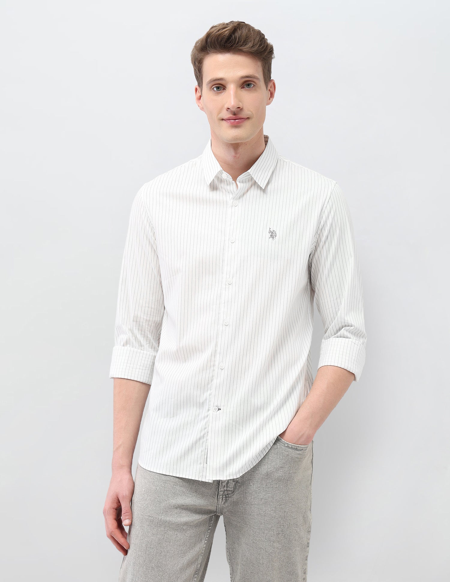 Self Design Vertical Striped Black & Gold Shirt White - U.S. Polo Assn. India | Large