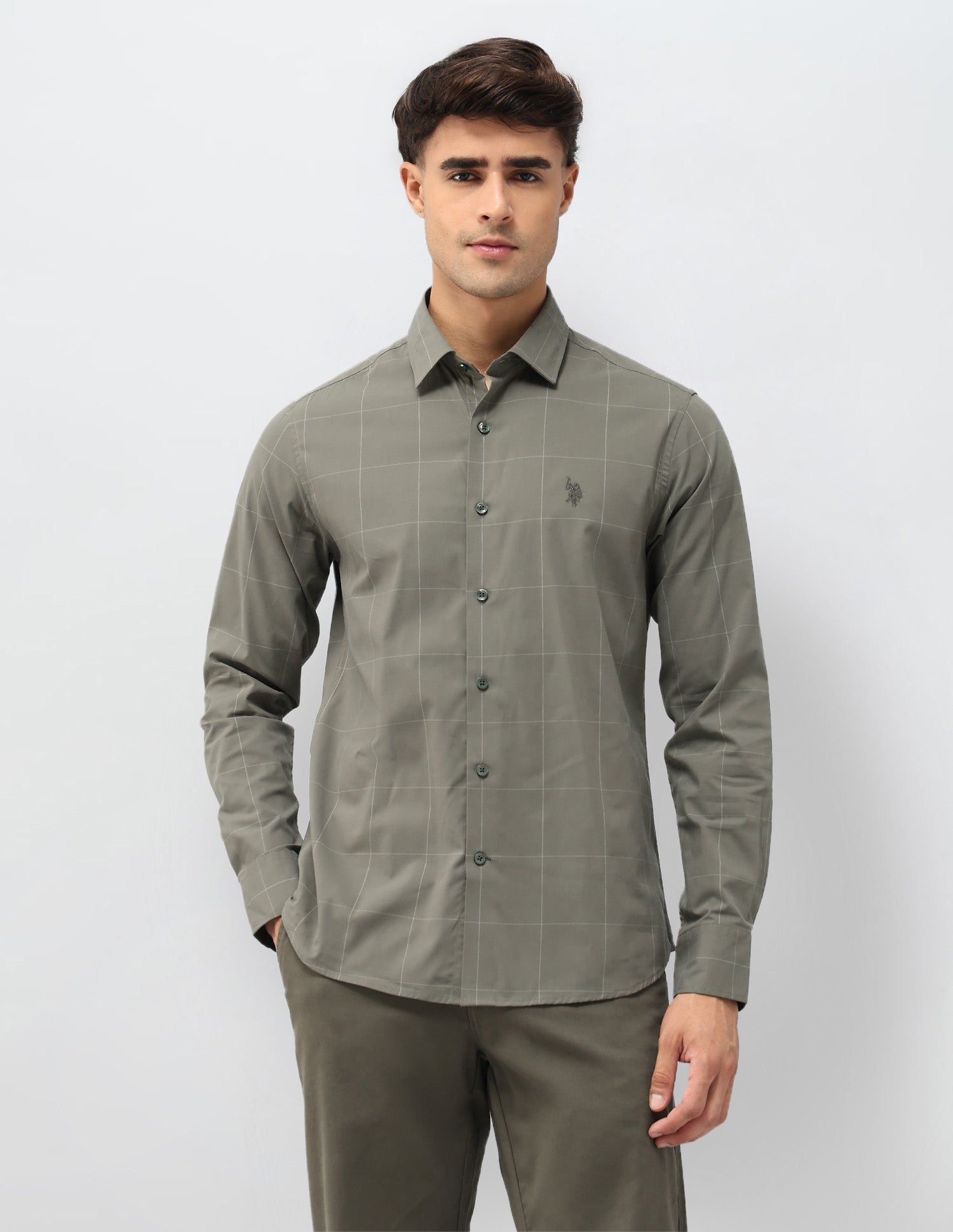 Windowpane Checked Tailored Fit Shirt Green - U.S. POLO ASSN. | Large