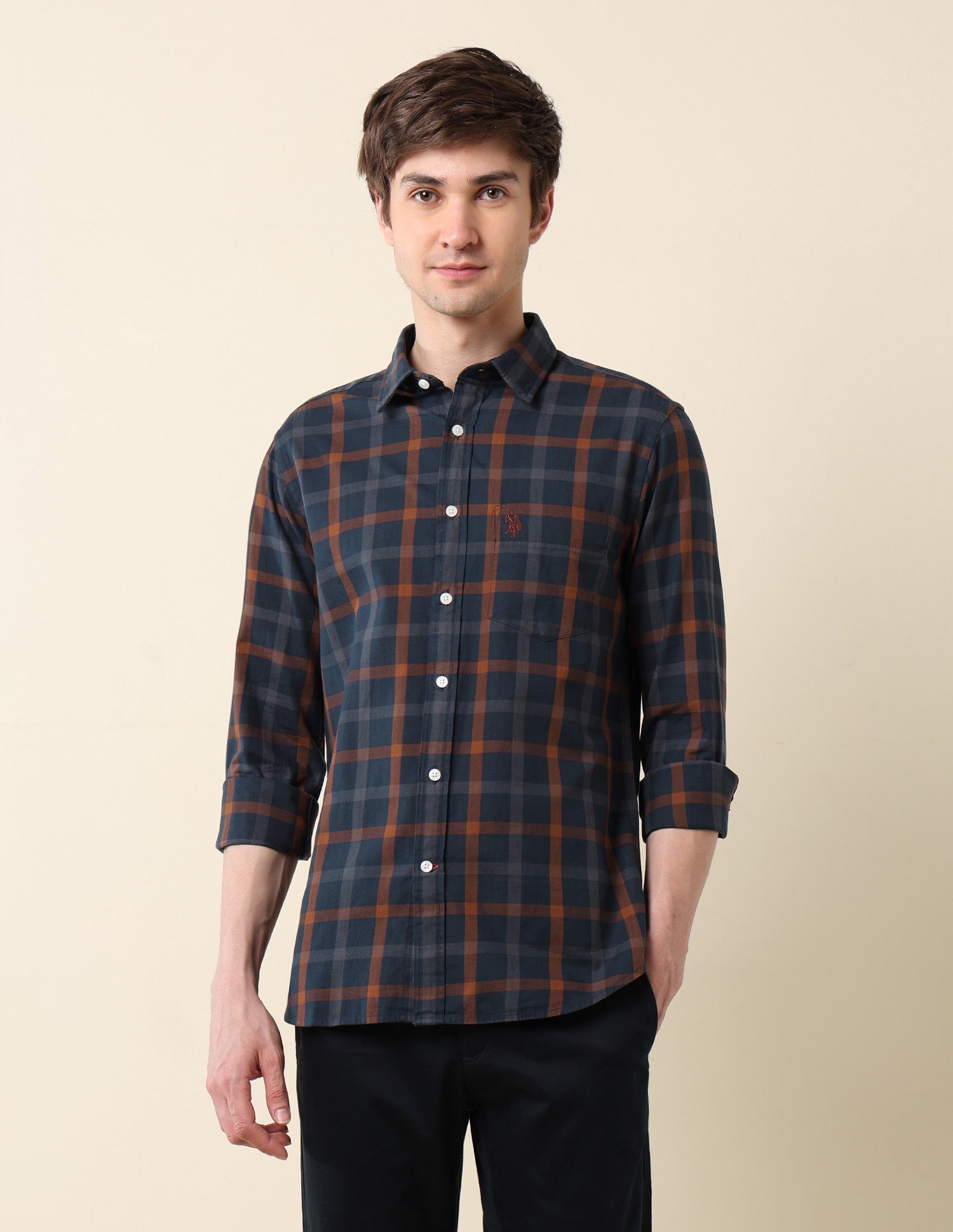 Windowpane Checked Pure Cotton Shirt Navy - U.S. Polo Assn. India | Large