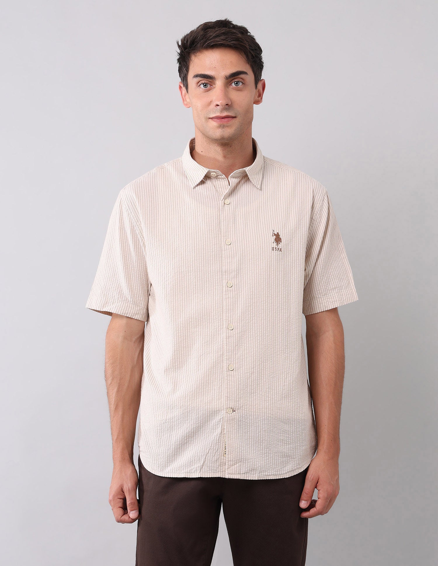 Vertical Striped Pure Cotton Shirt Beige - U.S. POLO ASSN. | Large