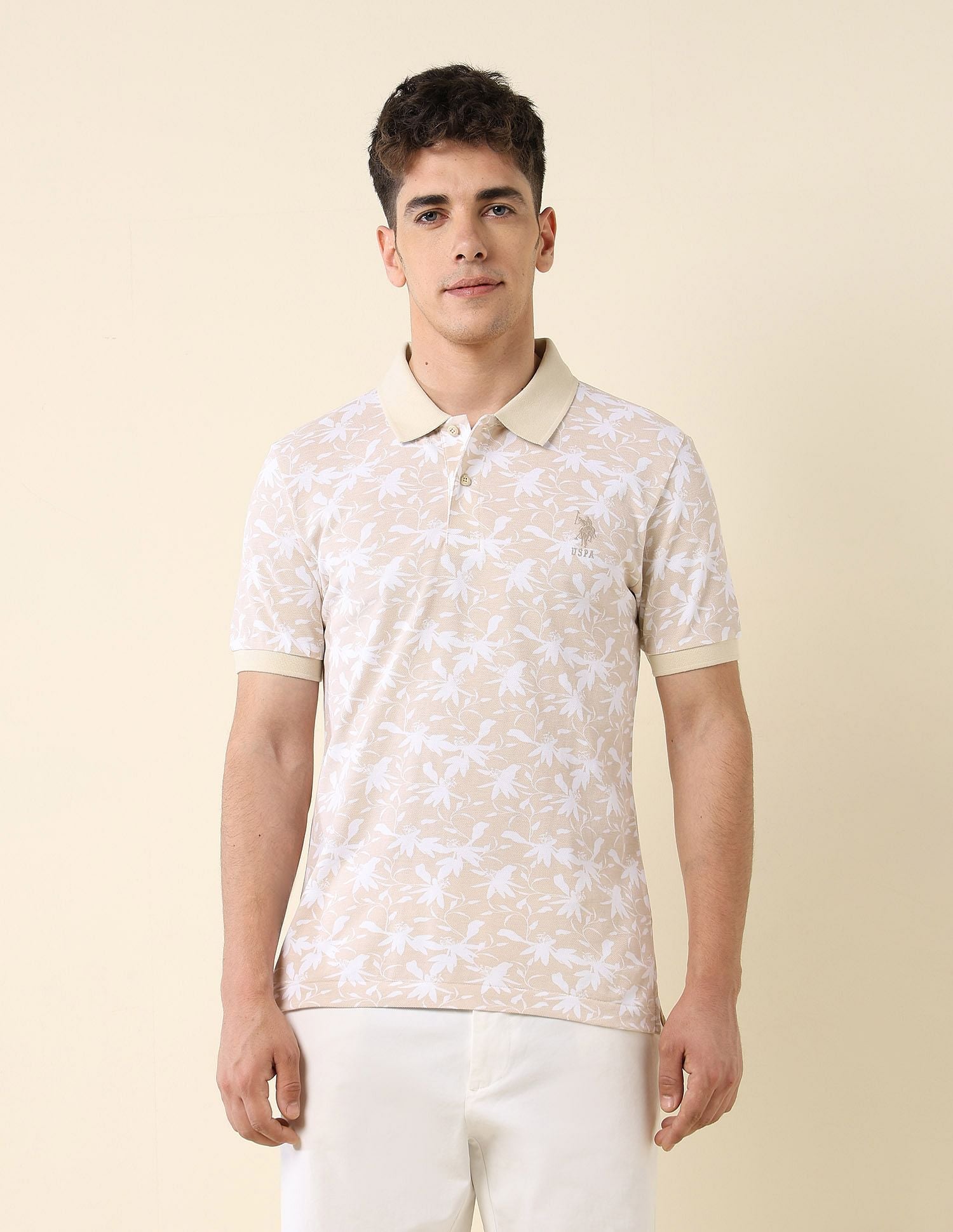 All-Over Printed Slim Fit Polo Shirt Beige - U.S. Polo Assn. India | Large
