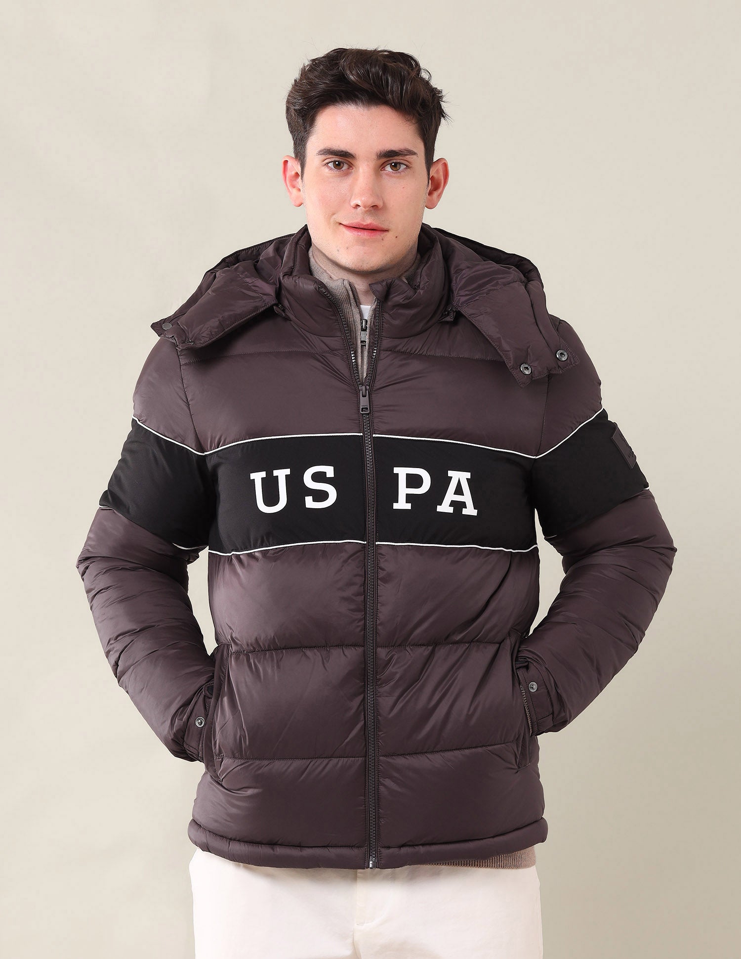 Colourblocked Regular Fit Puffer Jacket Wine - U.S. Polo Assn. India | Large