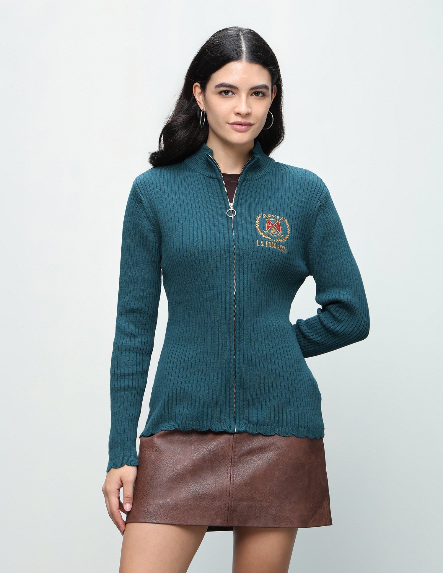 Patterned Knit Regular Fit Zipper Sweater Teal - U.S. Polo Assn. India | Large