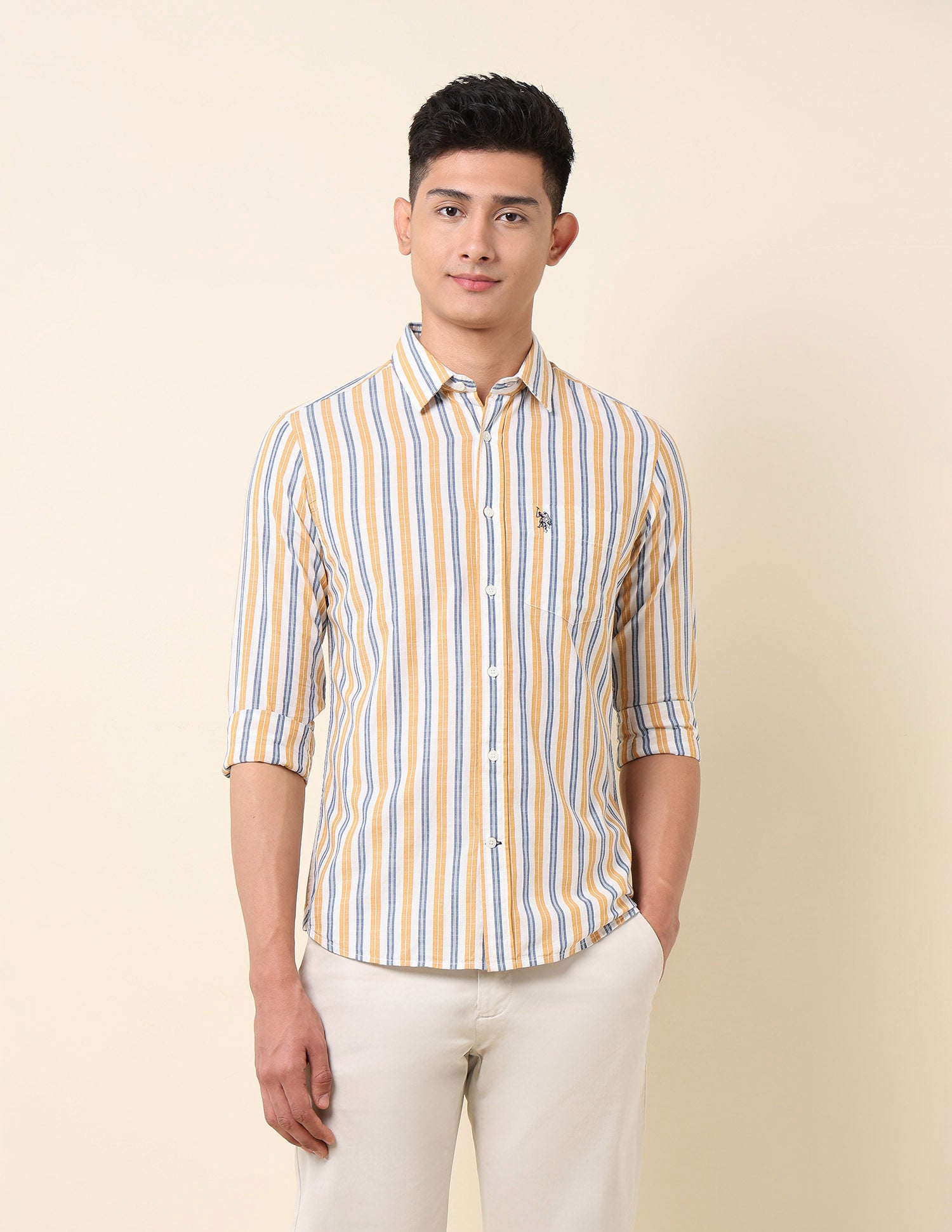 Vertical Striped Pure Cotton Shirt Yellow - U.S. Polo Assn. India | Large
