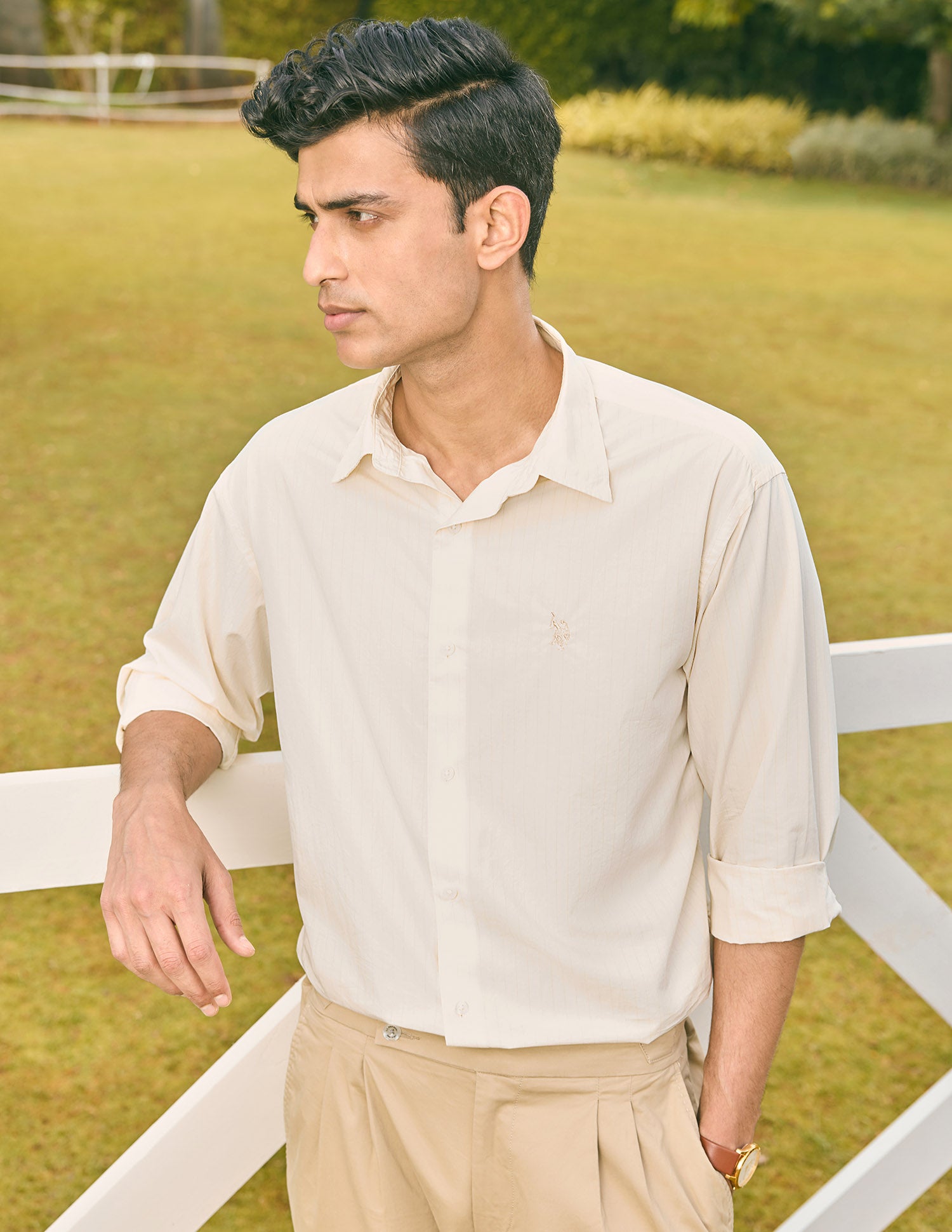 Pacho X Vertical Striped Tailored Fit Shirt Ivory - U.S. POLO ASSN. | Large