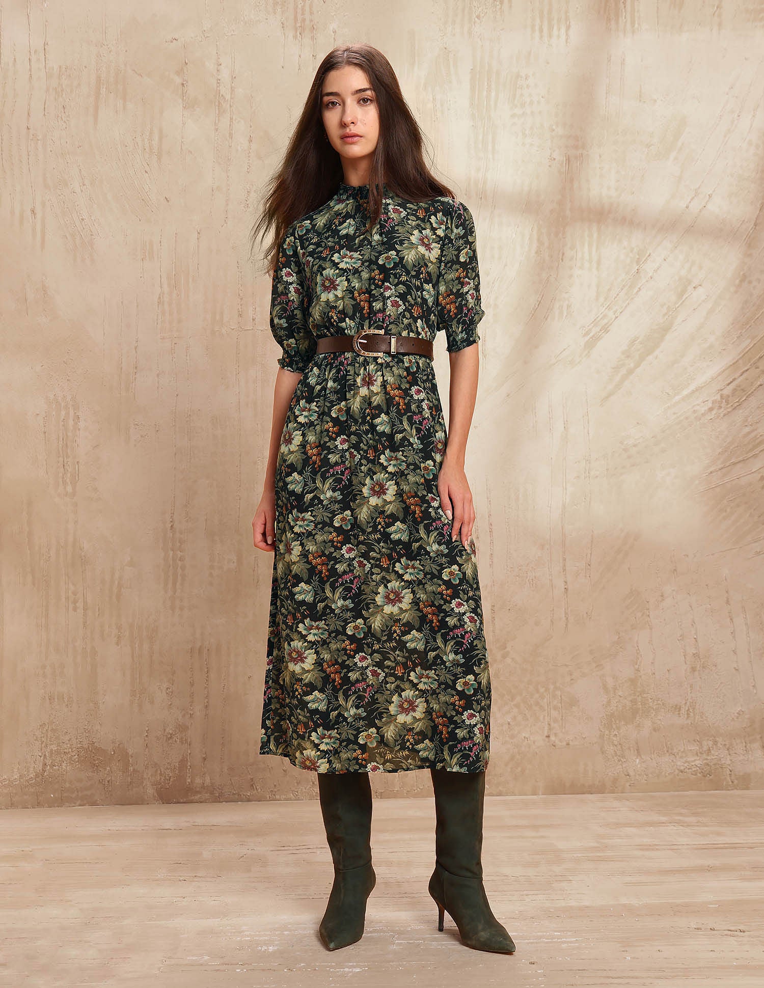 Smocked Floral Printed A-Line Midi Dress Black - U.S. POLO ASSN. | Large