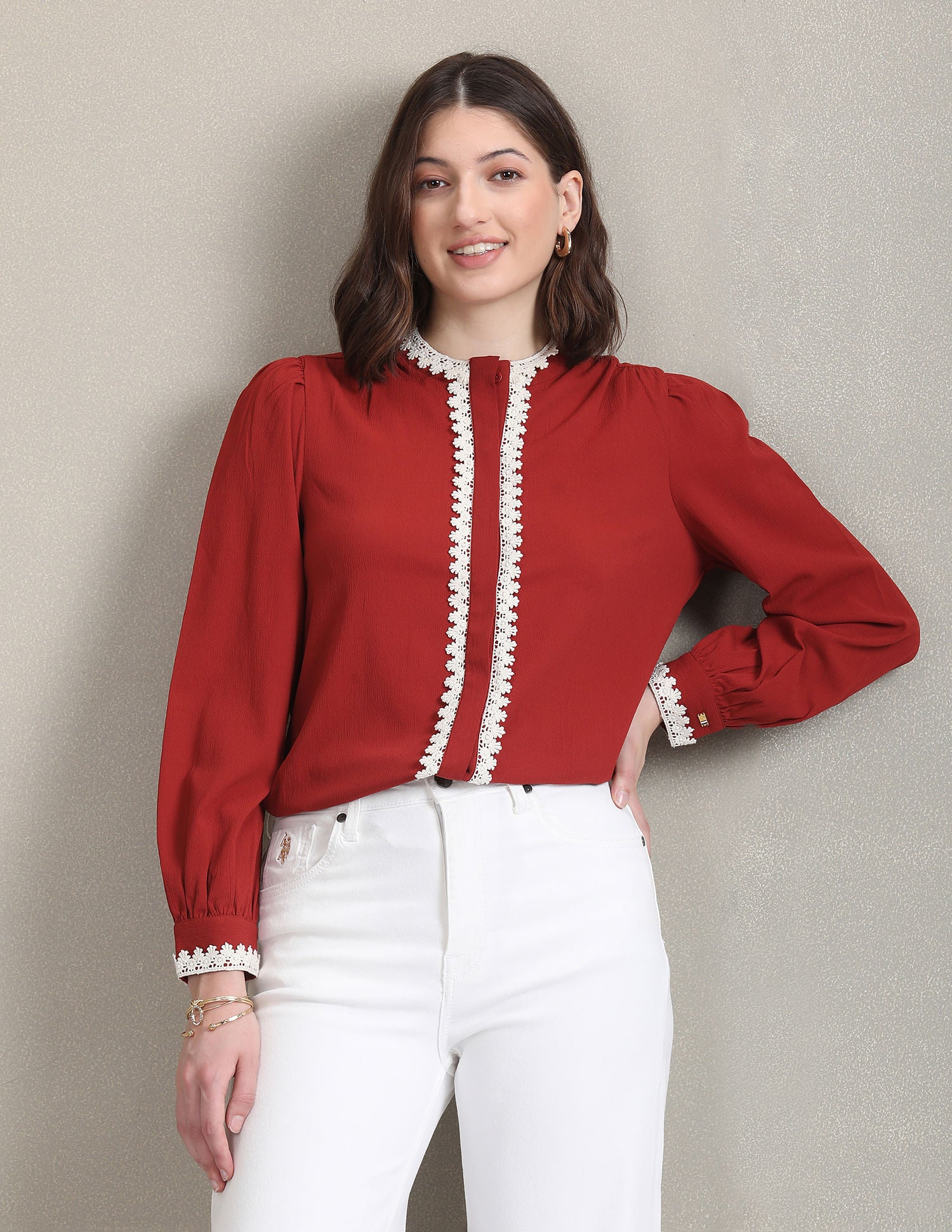 Round Neck Lace Trim Top Rust - U.S. POLO ASSN. | Large