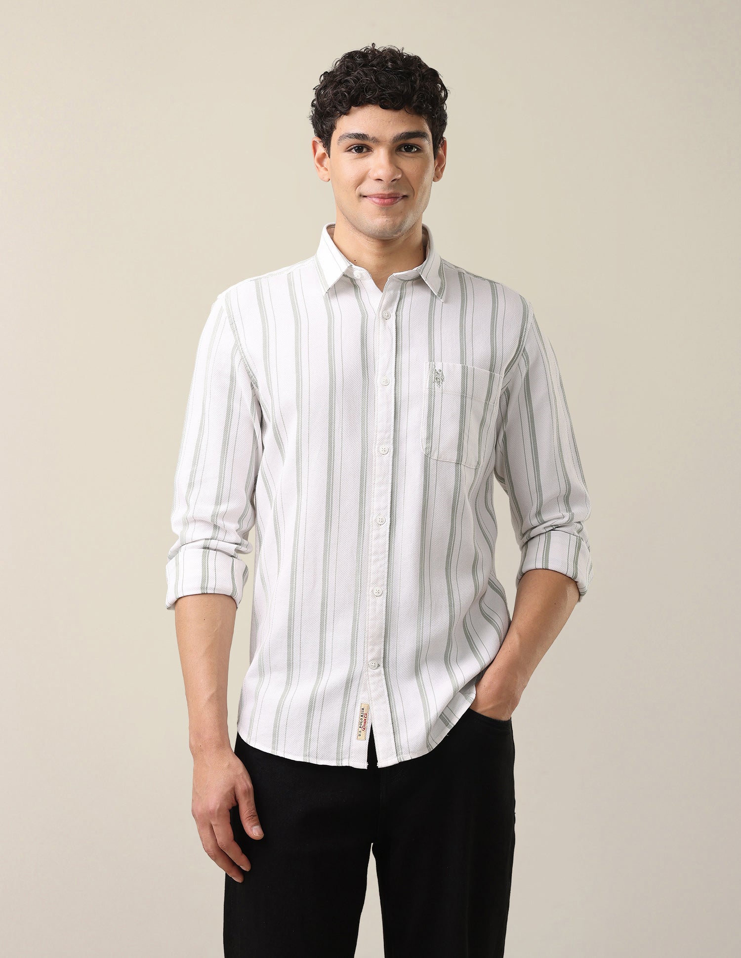 Vertical Striped Regular Fit Shirt Light Green - U.S. Polo Assn. India | Large