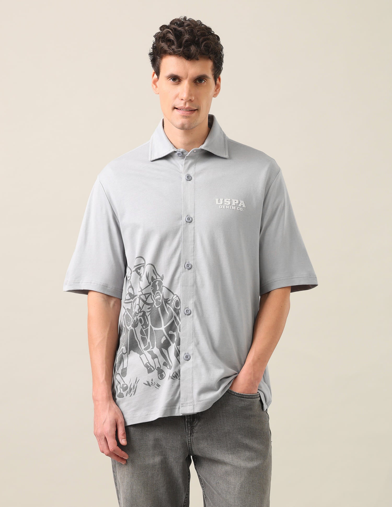 Graphic Brand Printed Knitted Shirt Grey - U.S. Polo Assn. India | Large